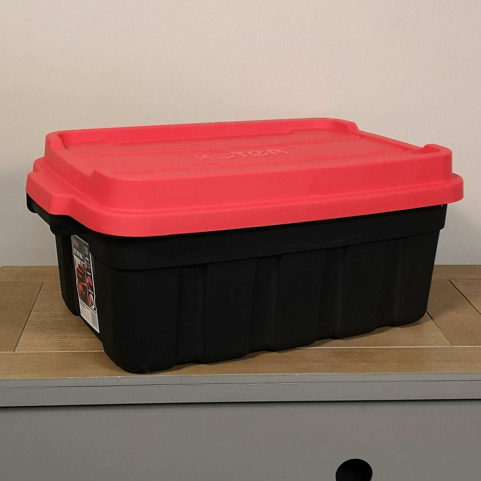 Rackhams Black/Red 37L And Tuff Stackable Storage Box With Lid And Carry Handles