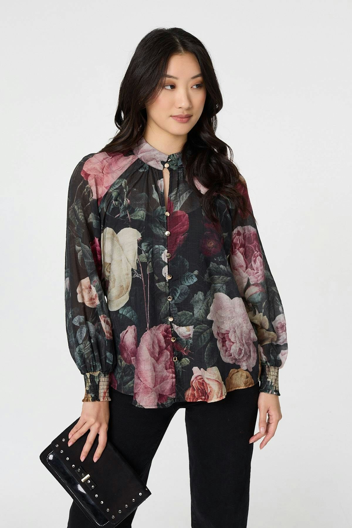 Izabel London Black Floral Semi Sheer Button Front Shirt - 8