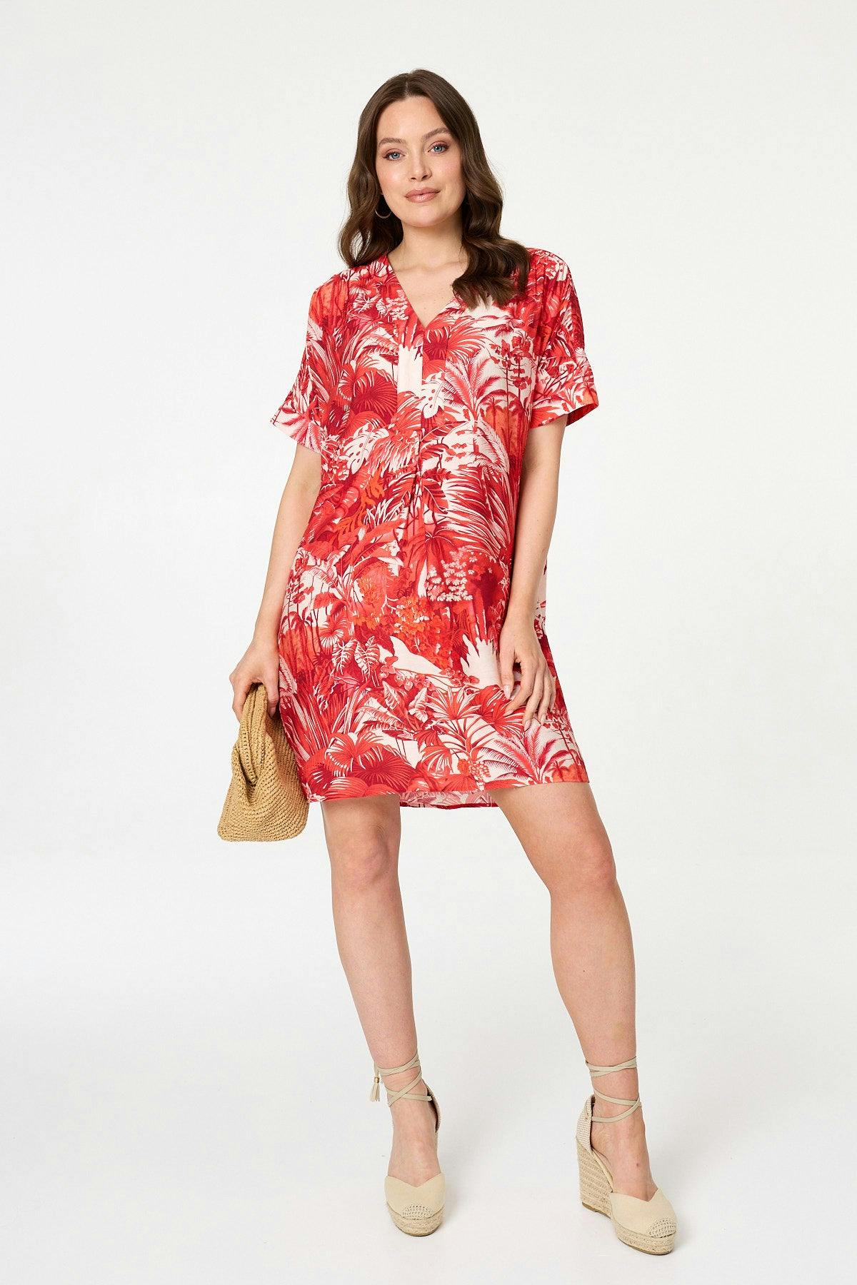 Izabel London Red Tropical Print Short Sleeve Shift Dress - 16