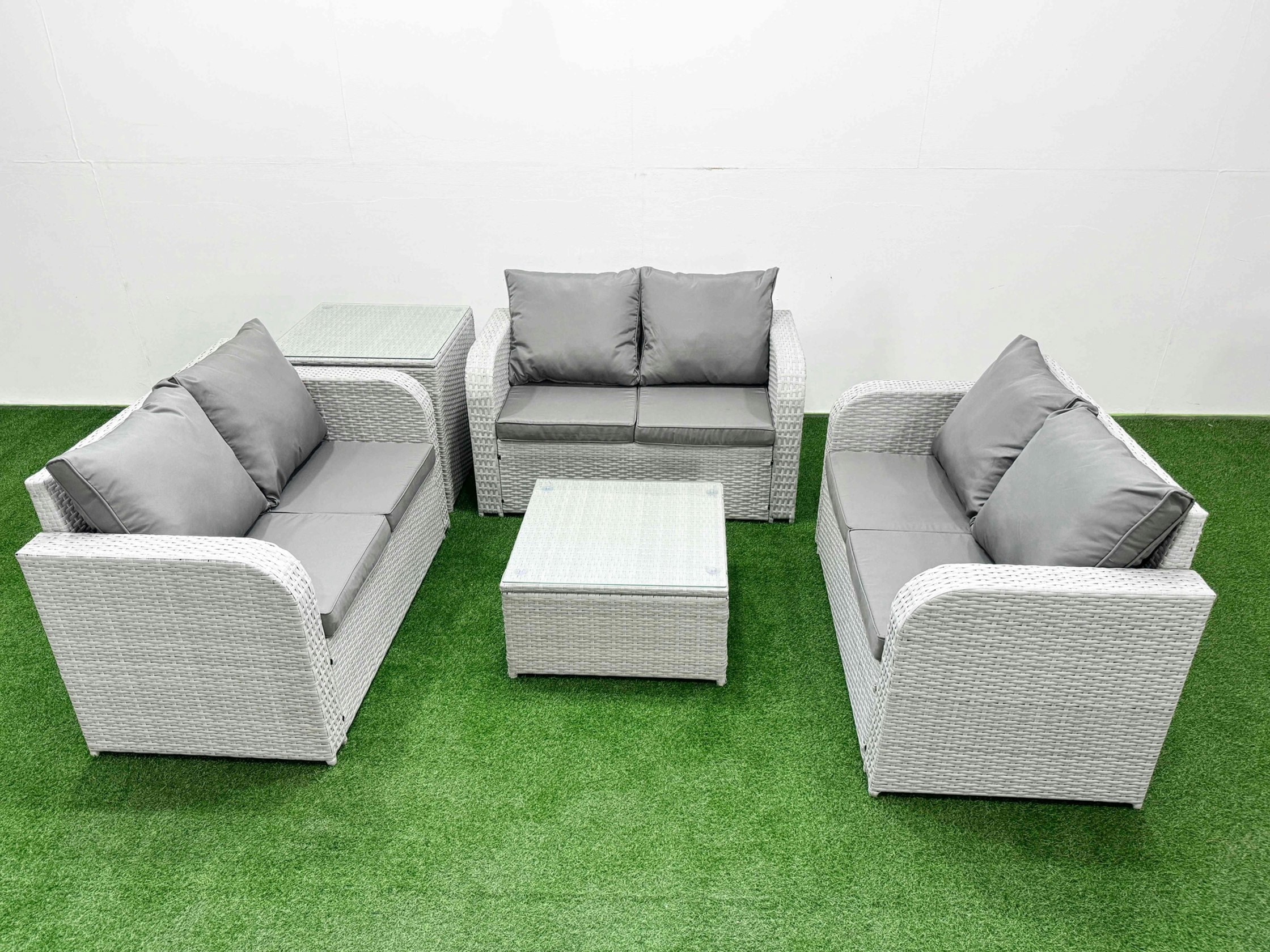 Rackhams Light/Grey 6 Seater Pe Wicker Rattan Furniture Sofa Sets With Square Coffee Table 2 Seater Love Sofa Side Table