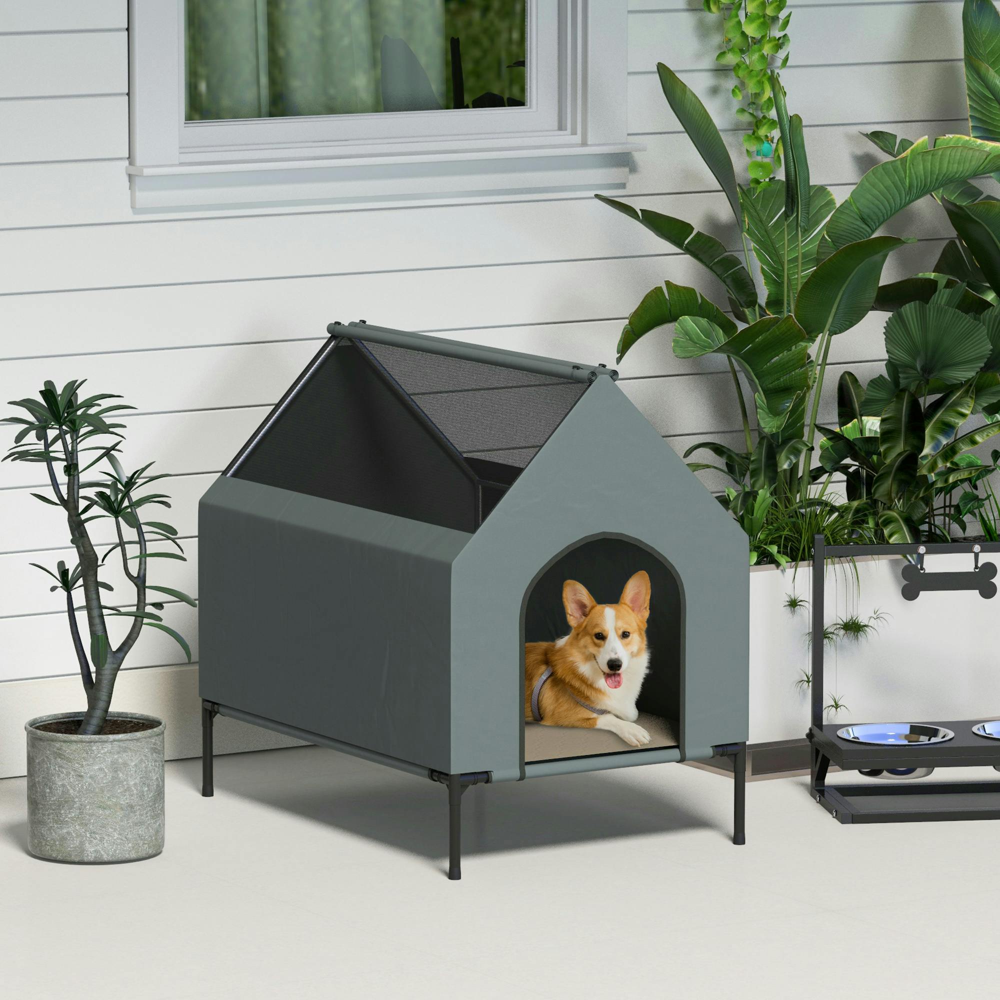 Pawhut Grey Dog House Outdoor Elevated Dog Bed With Removable Cover, - 81L X 54W X 78H Cm - Oxford Fabric, Steel - 1