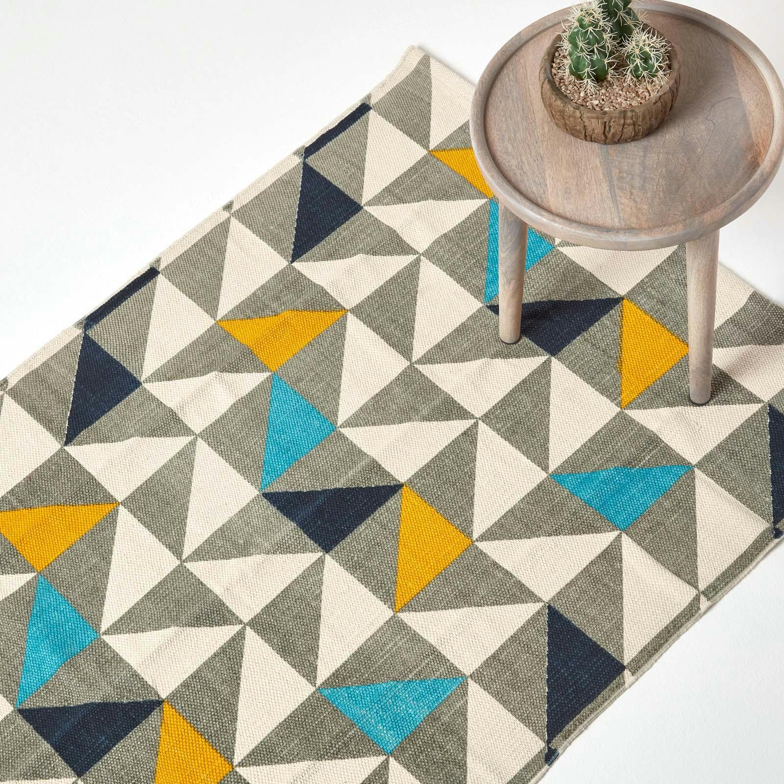 Rackhams Blue/Yellow/Grey Copenhagen And 100% Cotton Geometric Style Scandi Printed Rug - 90 X 150 Cm