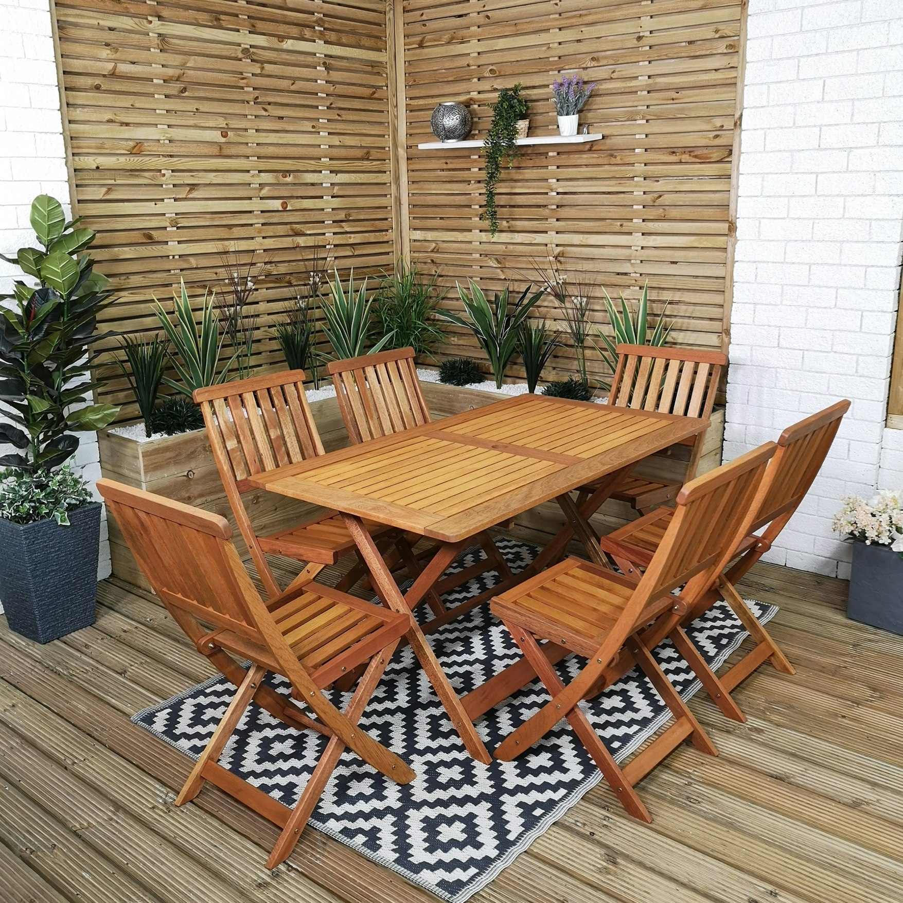 Rackhams Outdoor 6 Person Folding Rectangular Wooden Garden Patio Dining Table Chairs Set - Outdoor Furniture Sets