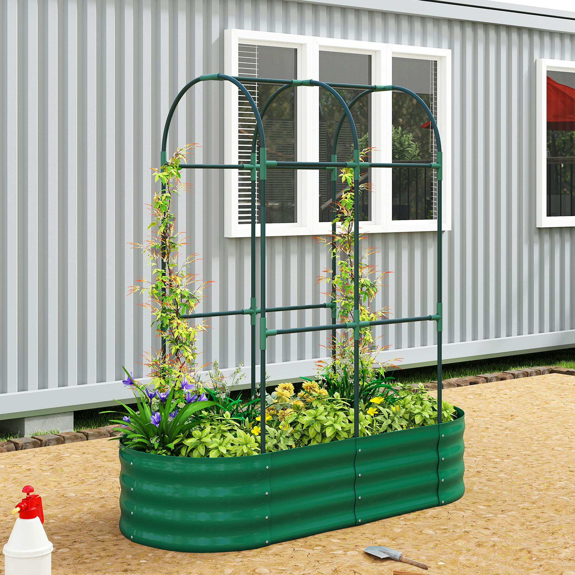 Outsunny Green 4 X 2 X 4.6Ft Galvanised Raised Garden Bed With Trellis,