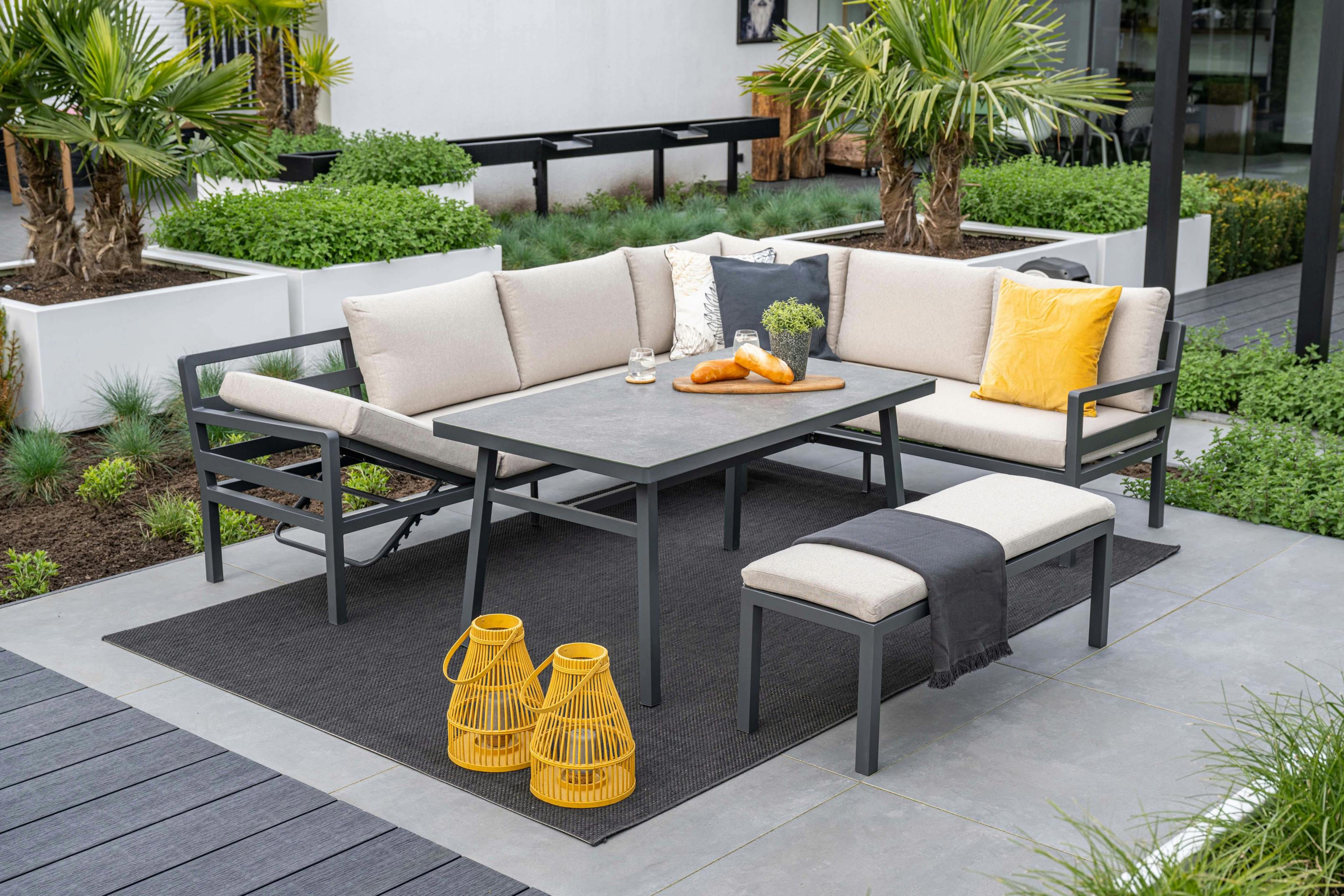 Rackhams Grey Corsica Sand Cushions - Lounge & Dining Corner Sofa, With Table And Bench - Right Handed