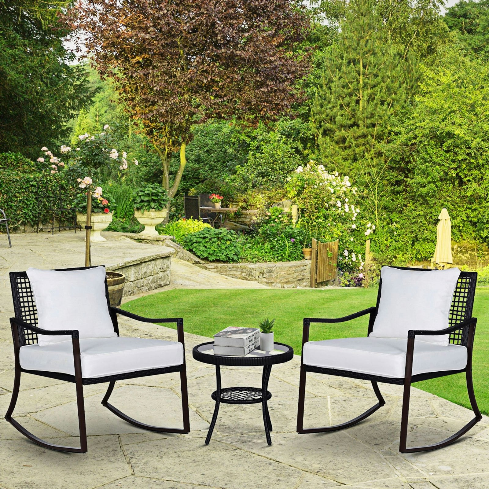 Rackhams Brown 3 Pieces Rocking Chair Bistro Set Furniture Rattan Wicker