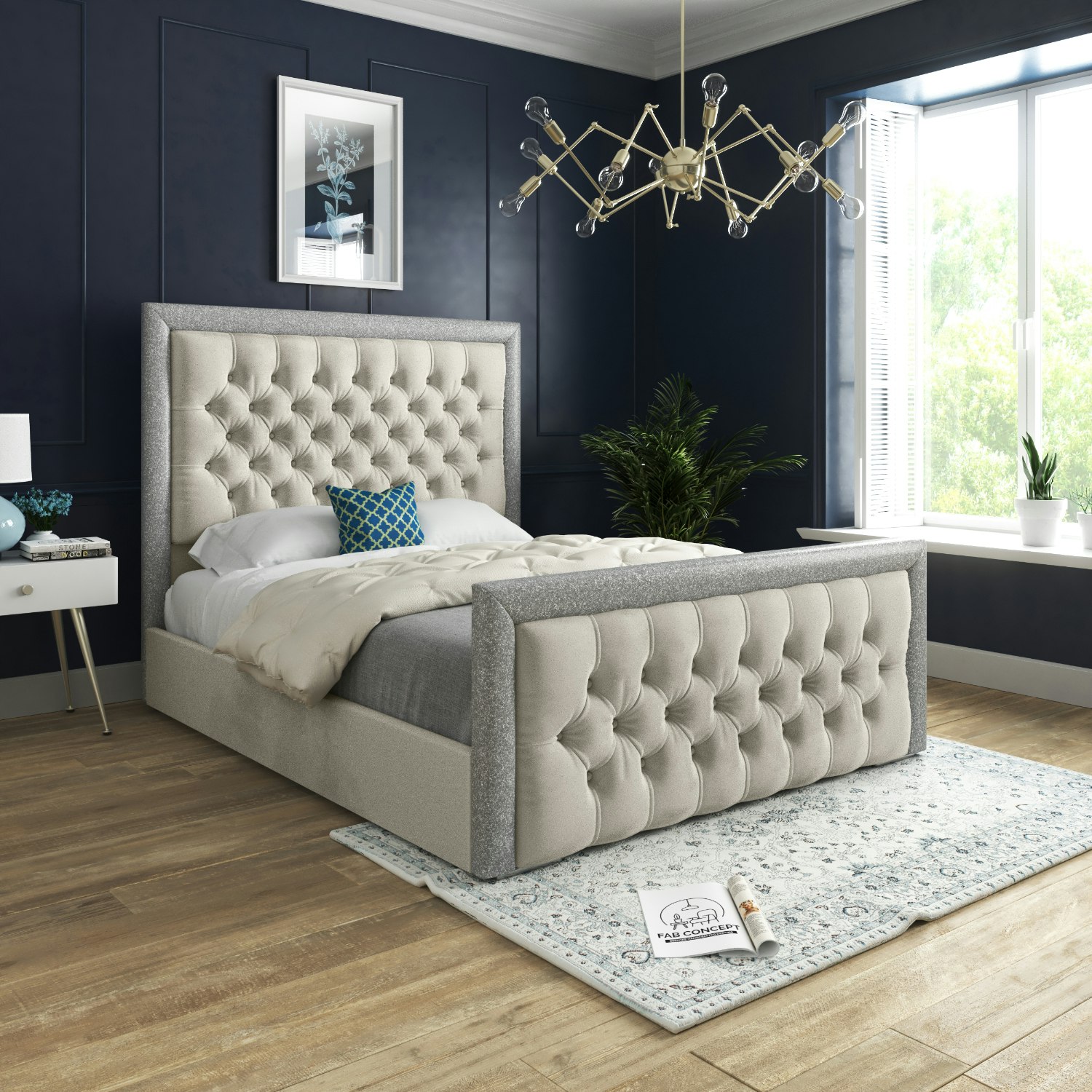 Rackhams Blue/Silver Turin Straight Winged Upholstered Soft Velvet Bed Frame - King