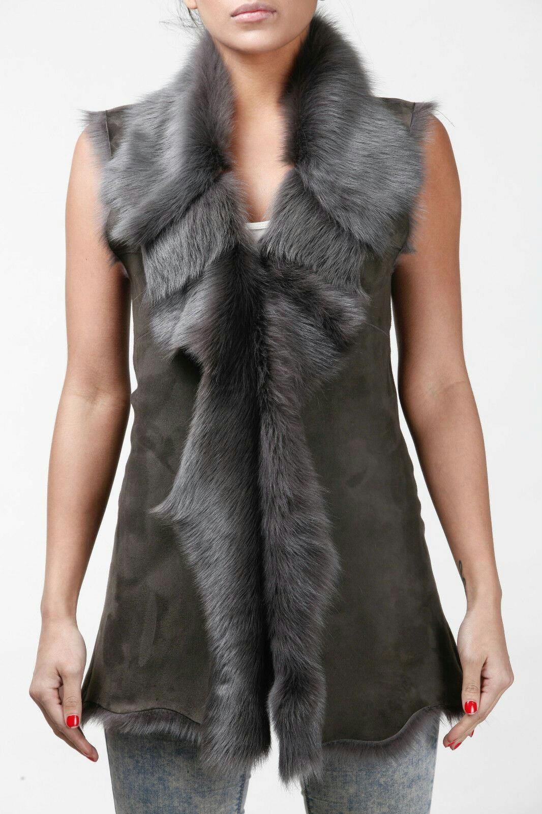 Infinity Leather Women's Grey Toscana Sheepskin Long Gilet-Sorocaba - Uk Xs/8 | Eu 34 | Us 4