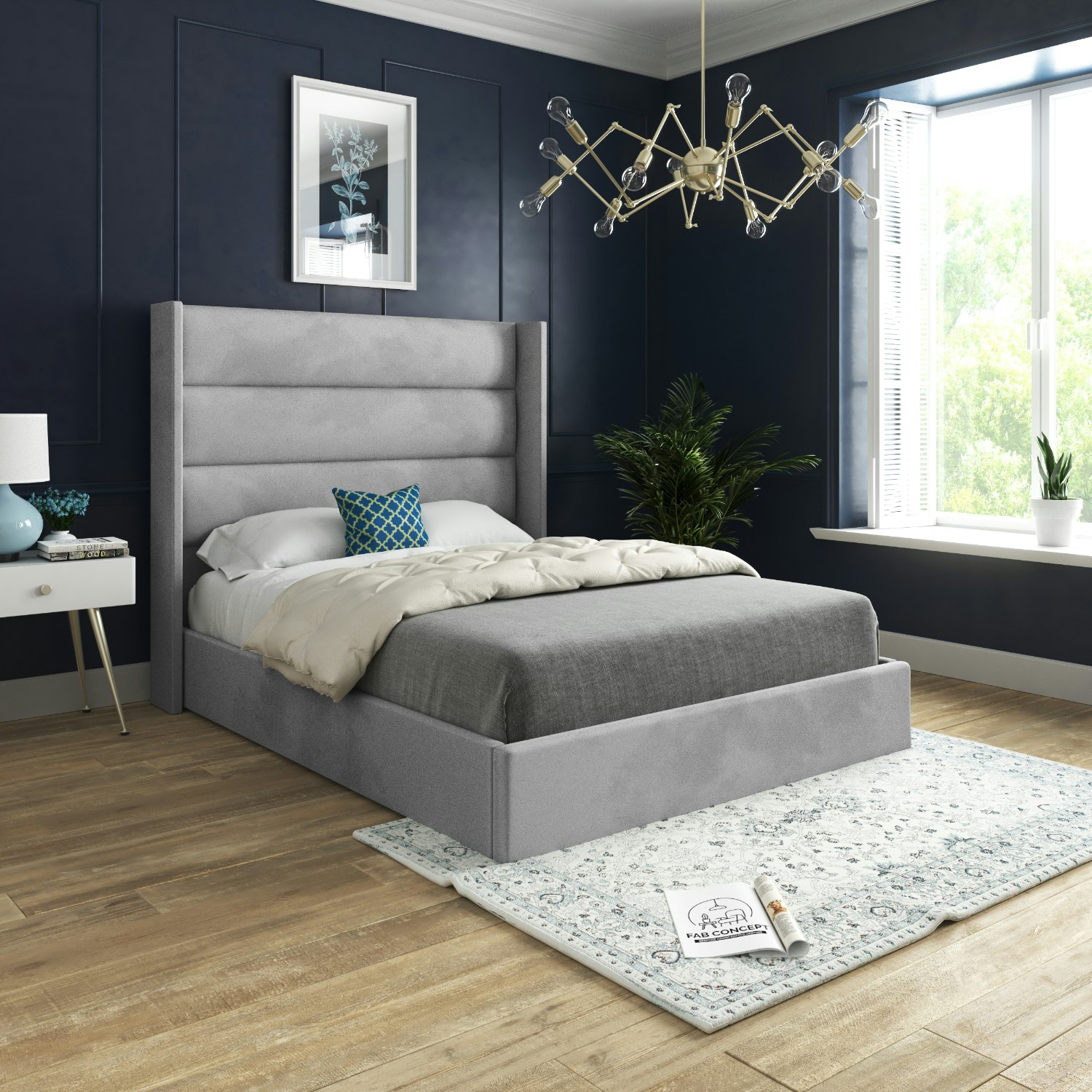 Casa Magna Grey Nuno Straight Winged Upholstered Soft Velvet Bed Frame - King