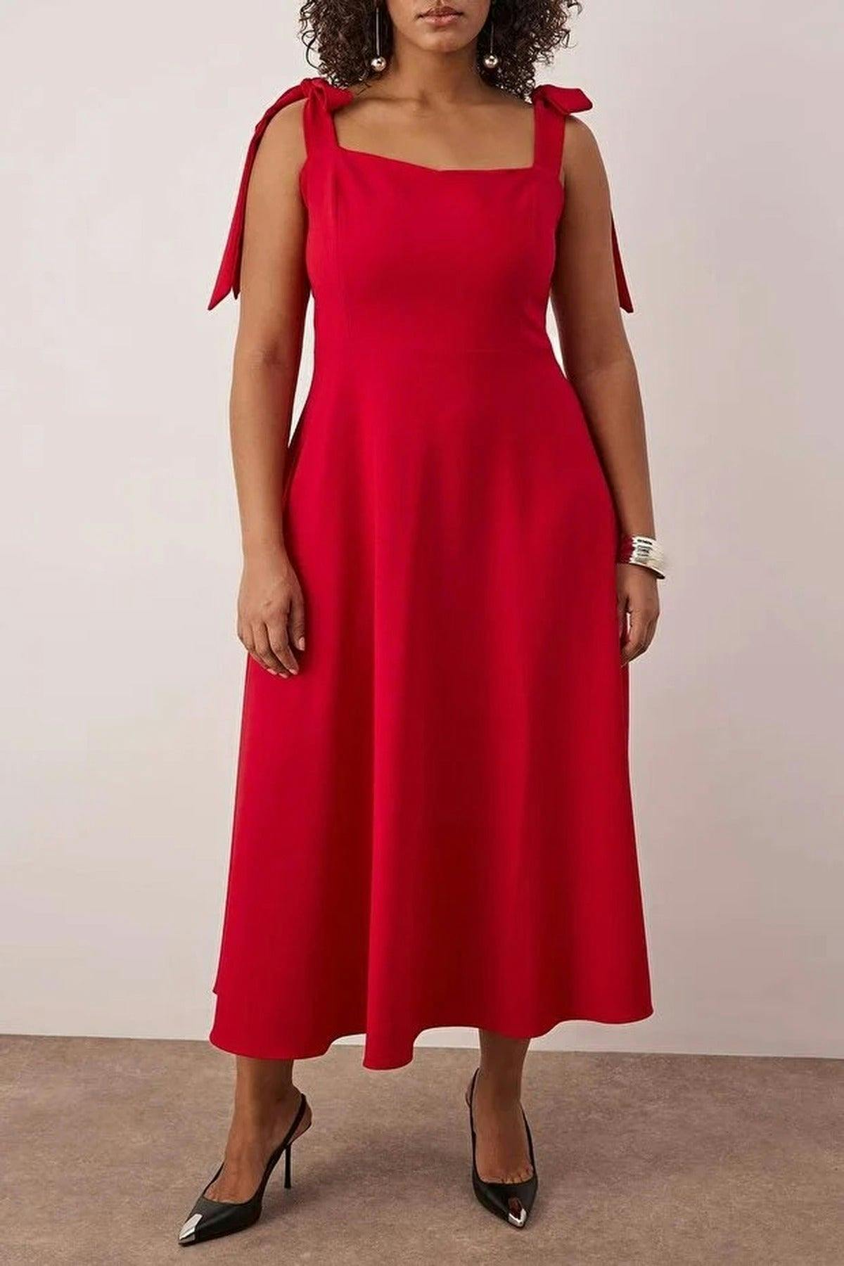 Wovcor Red A-Line Midi Woven Evening Dresses With Strap Tie Detail - 18