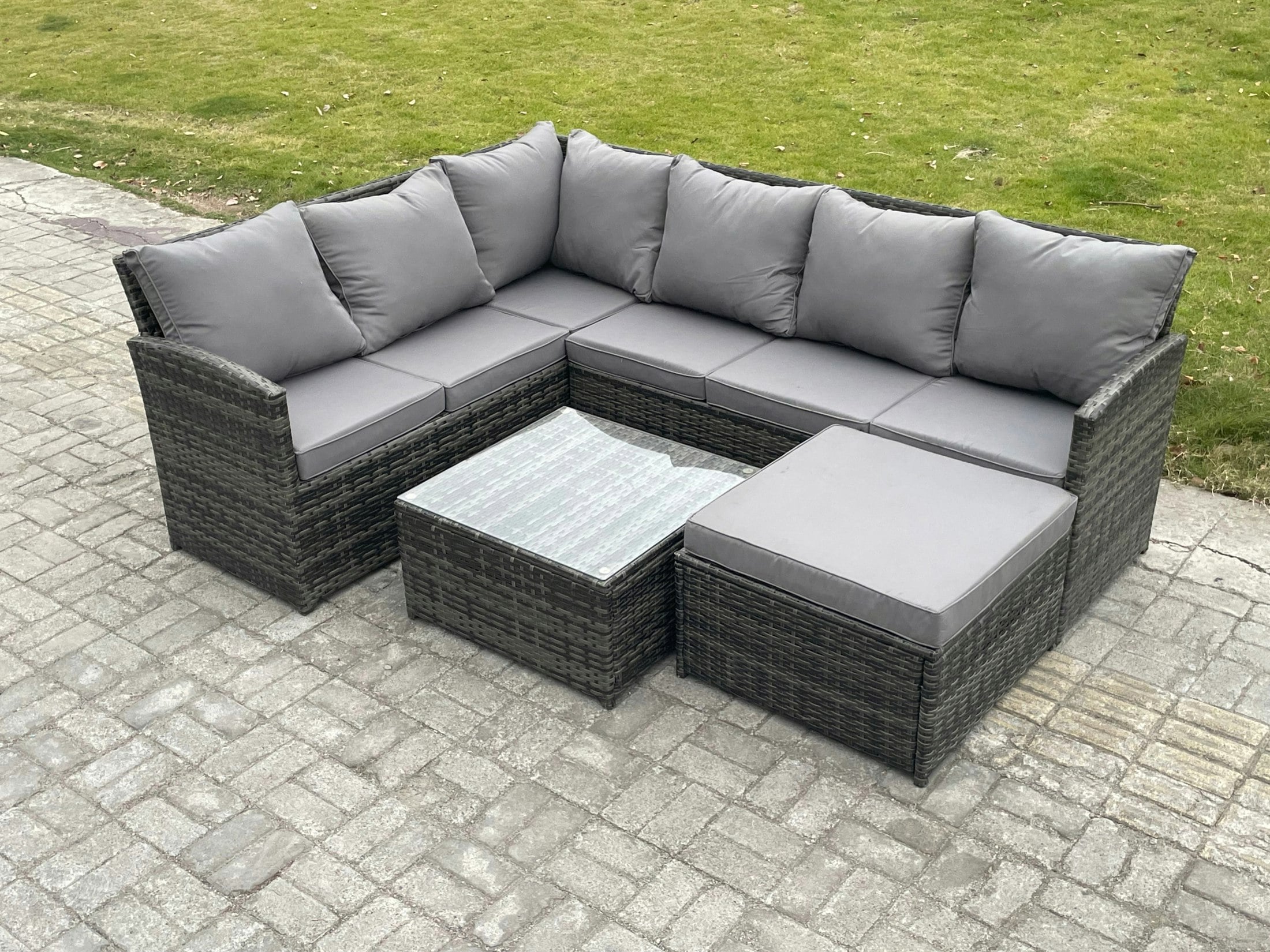 Rackhams Dark/Grey 7 Seater Outdoor Garden Furniture Set Wicker Pe Rattan Corner Sofa Set With Square Coffee Table Big Footstool Mixed