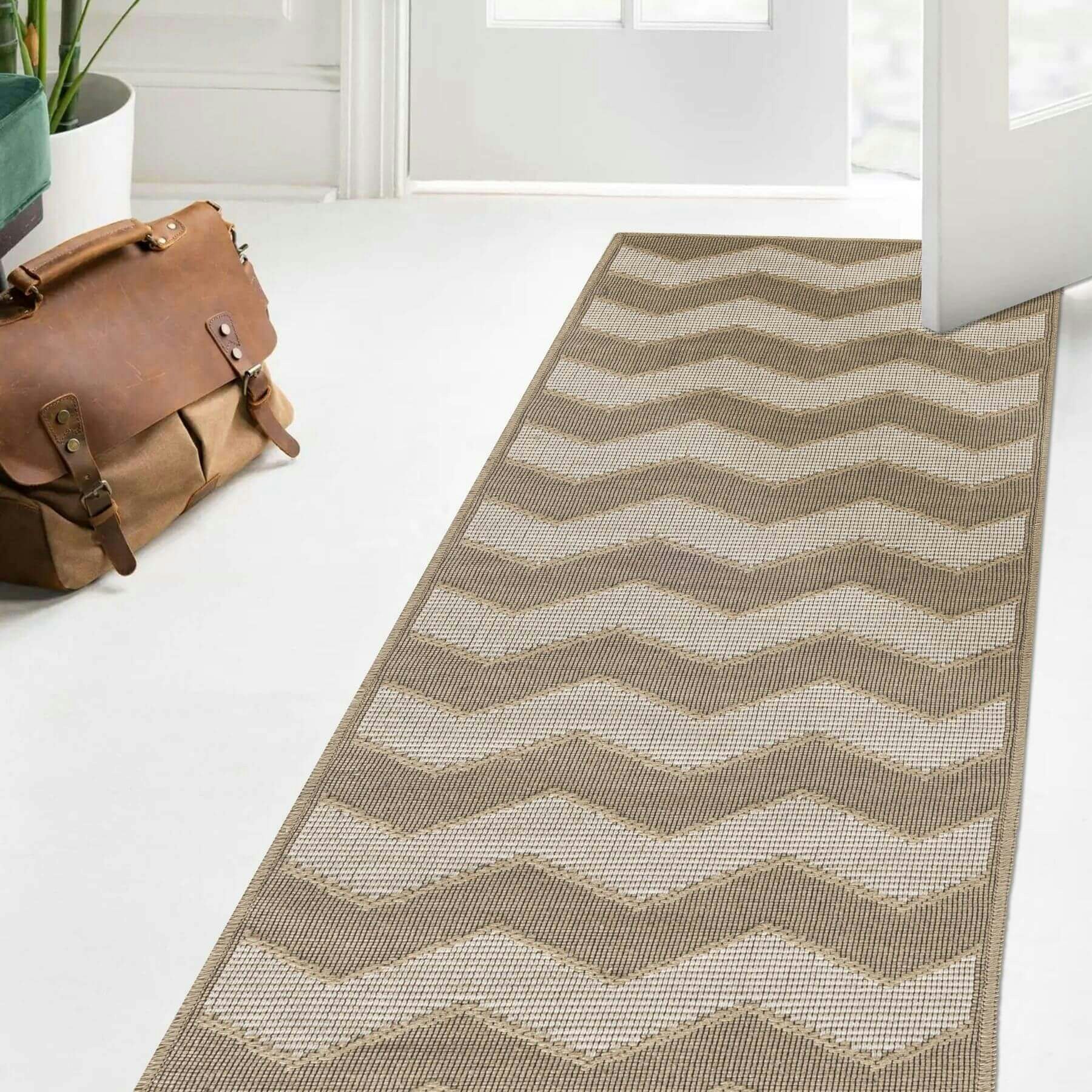 The Rugs Beige Chevron Jute Looking Washable Rug - 60X180 Cm