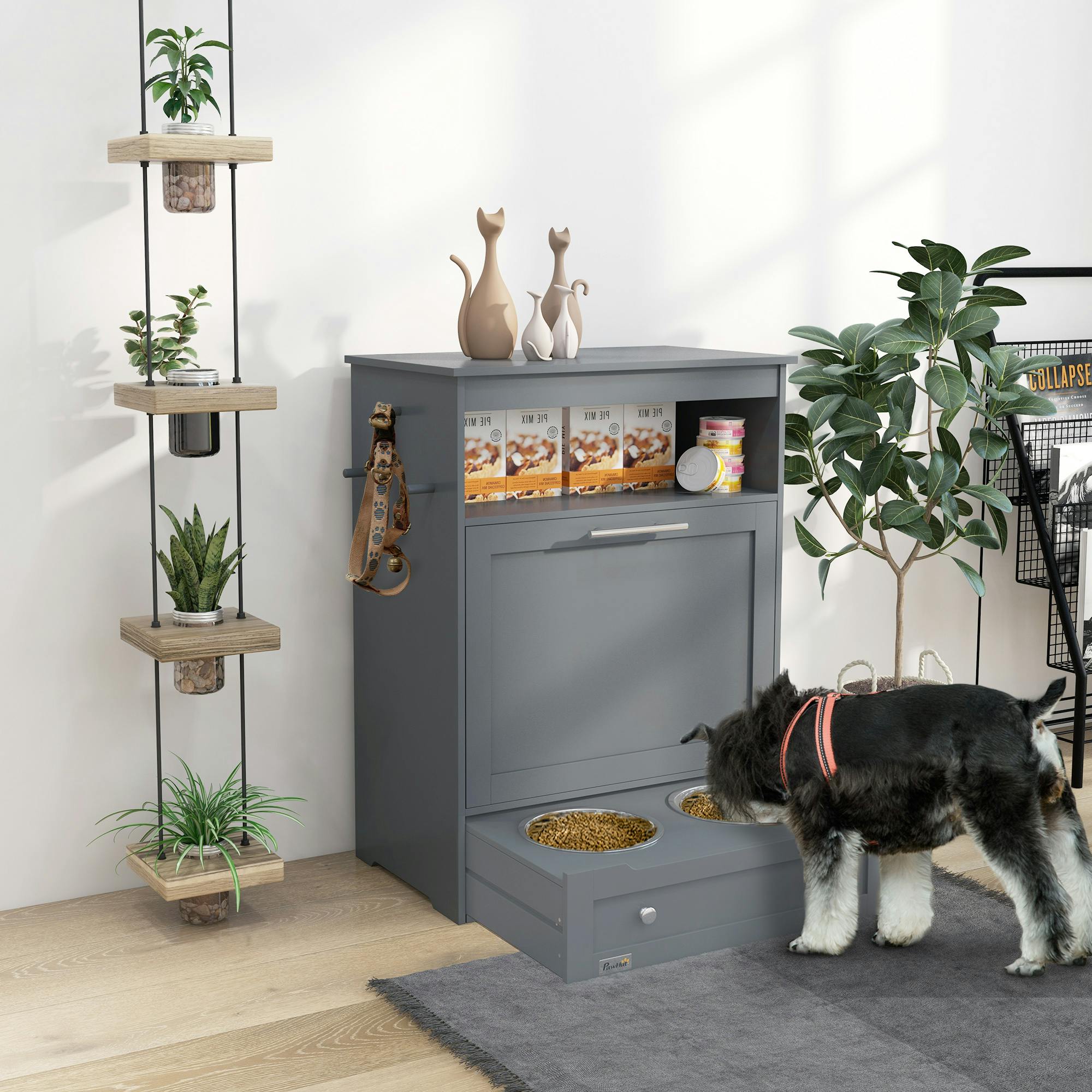 Pawhut Pet Feeder Station, Dog Cat Food Storage Feeding Station, Food Cabinet
