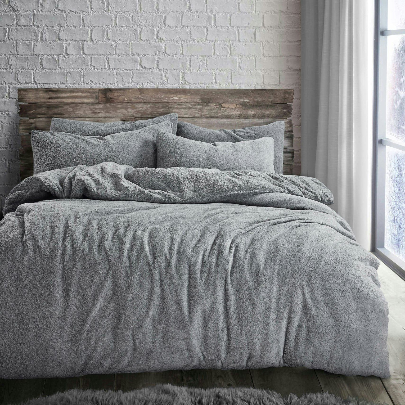 Rackhams Silver Plain Teddy Fluffy And Warm Fleece Duvet Cover Set - King