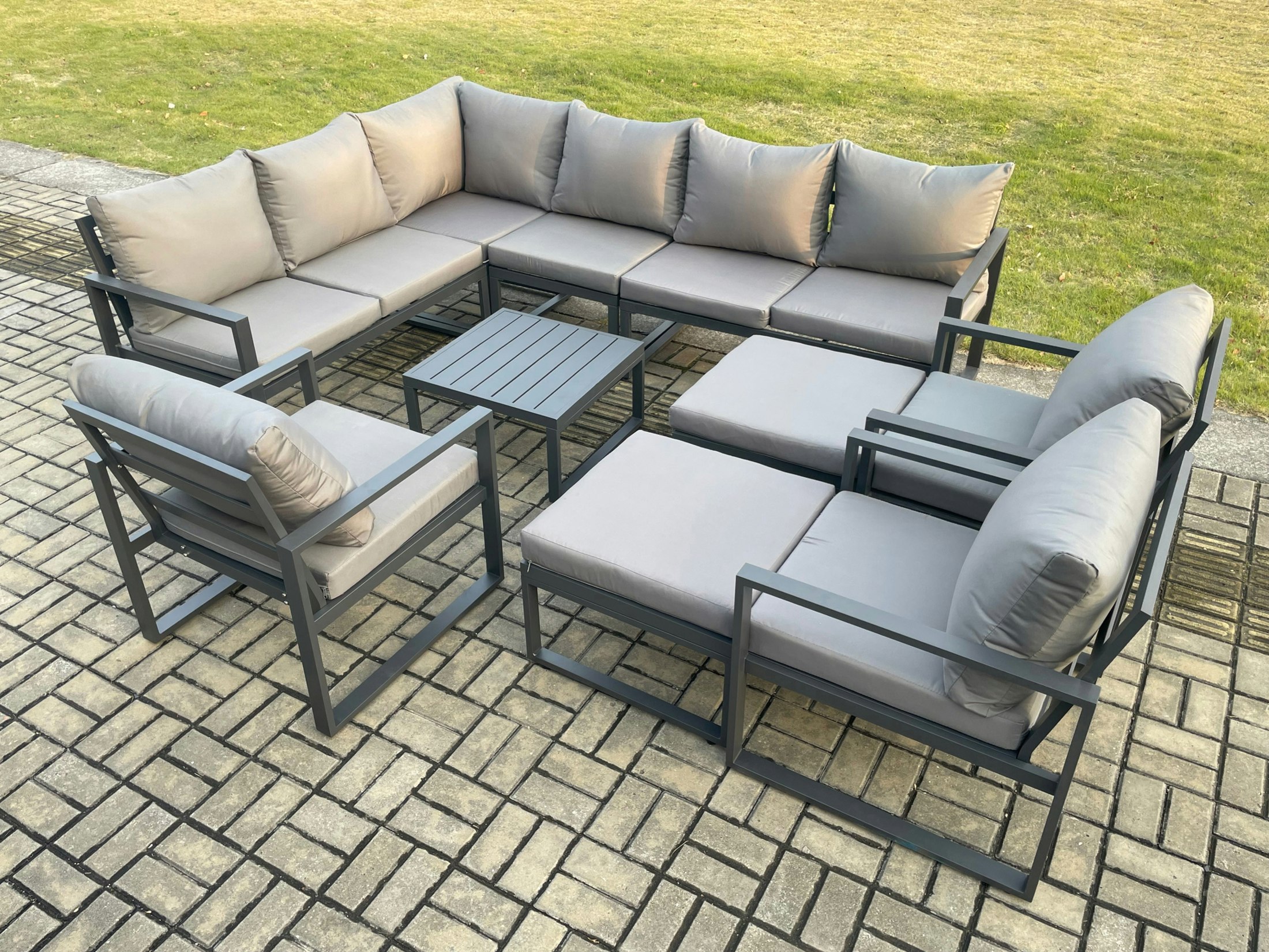 Fimous Dark/Grey 11 Seater Outdoor Lounge Corner Sofa Set Aluminum Garden Furniture Sets With Square Coffee Table 3 Chairs 2 Big Footstools