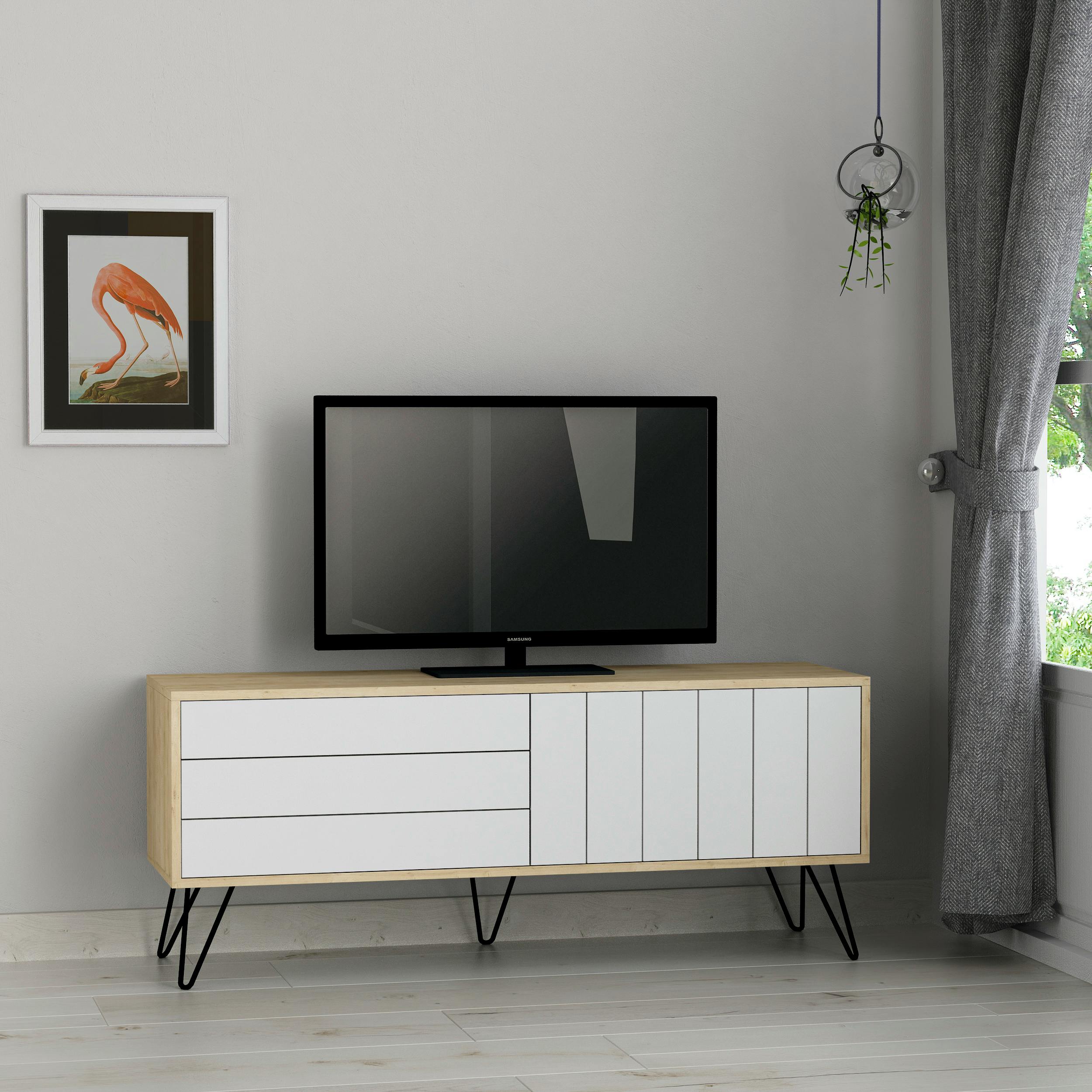 Decortie White Picadilly Modern Tv Unit Multimedia Centre Storage Cabinet 139Cm For 55" Tv - Oak
