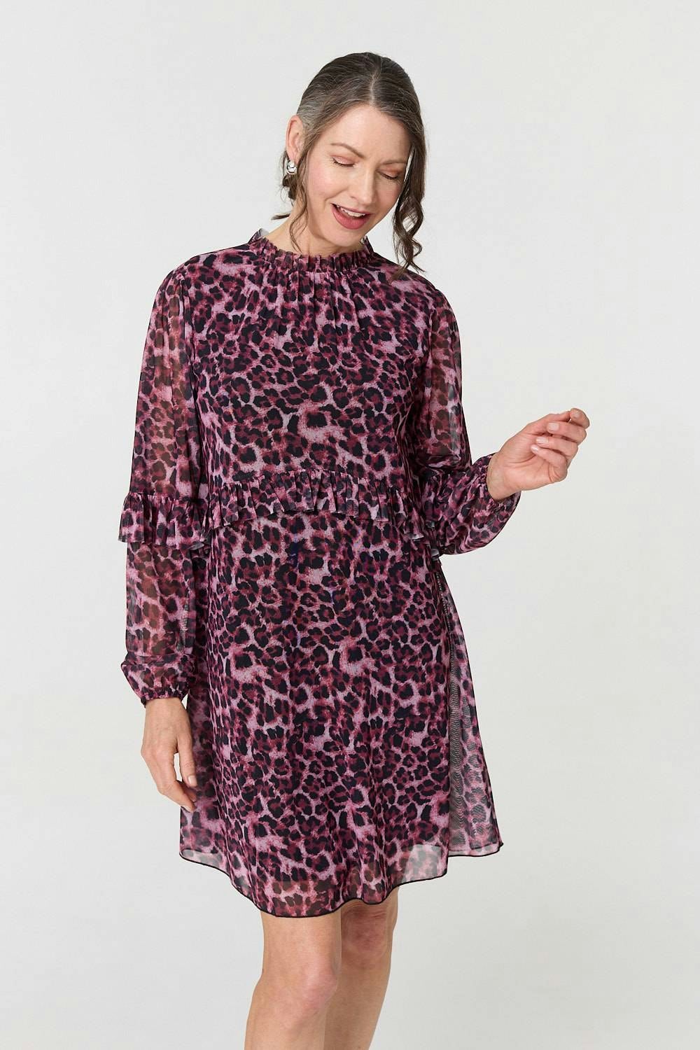 Izabel London Purple Animal Print Semi Sheer Short Dress - 8