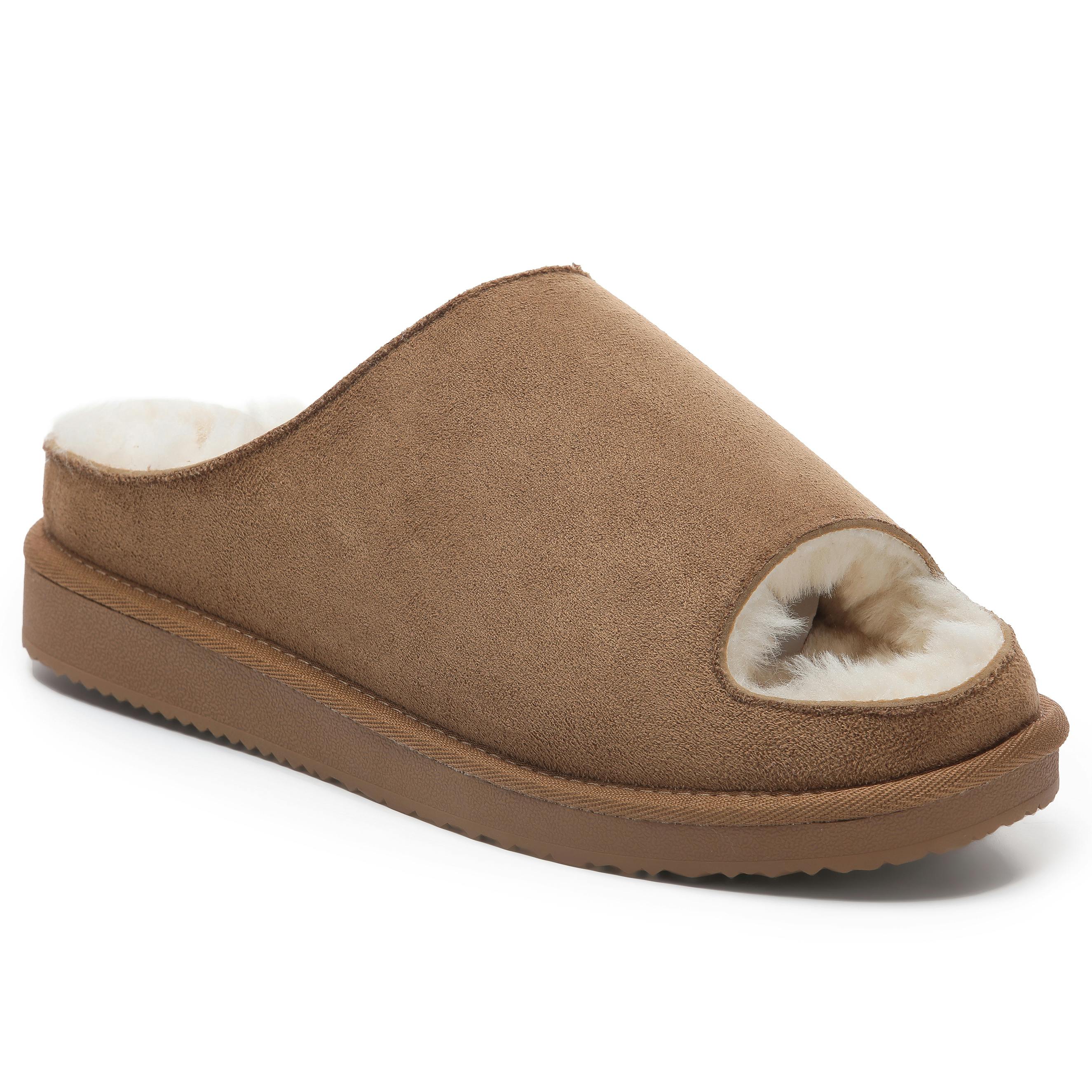 Viva Women's Polar Fur Lined Slide Slippers – Suede Upper, Cozy Faux Fur - 3 - Tan