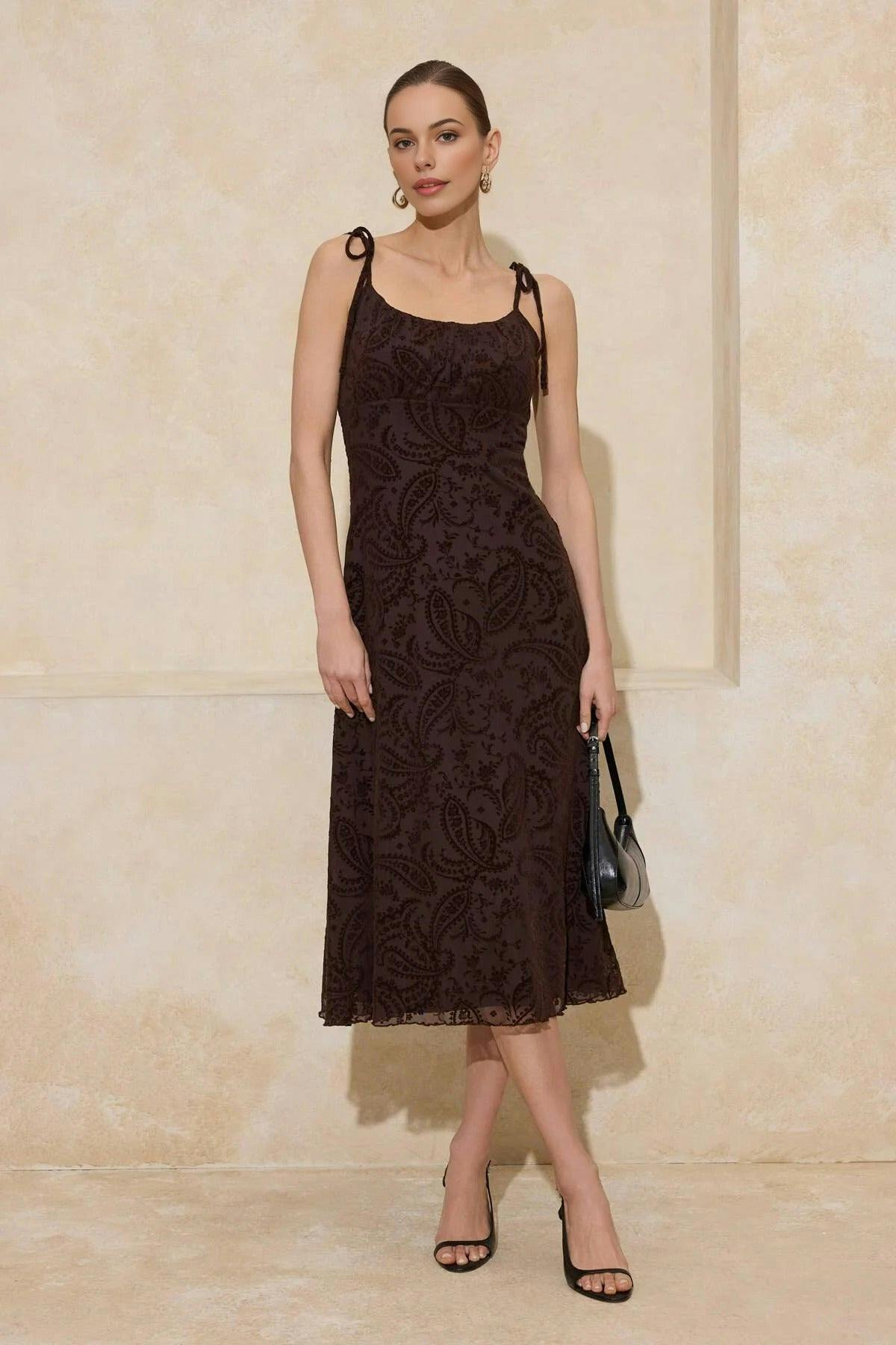 Wovcor Brown Floral A-Line Thin Strap Ruched Midi Tulle Knit Dress - Xs