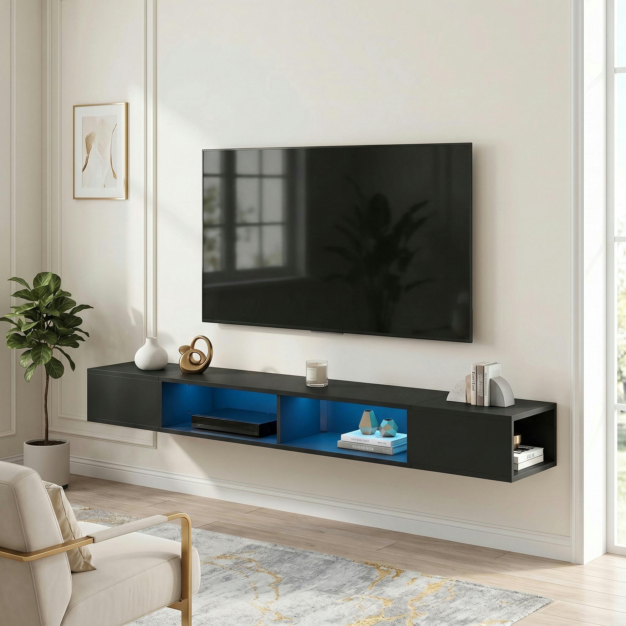 Rackhams Black Tv Stand With Rgb Led Lights For 75-Inch Tv