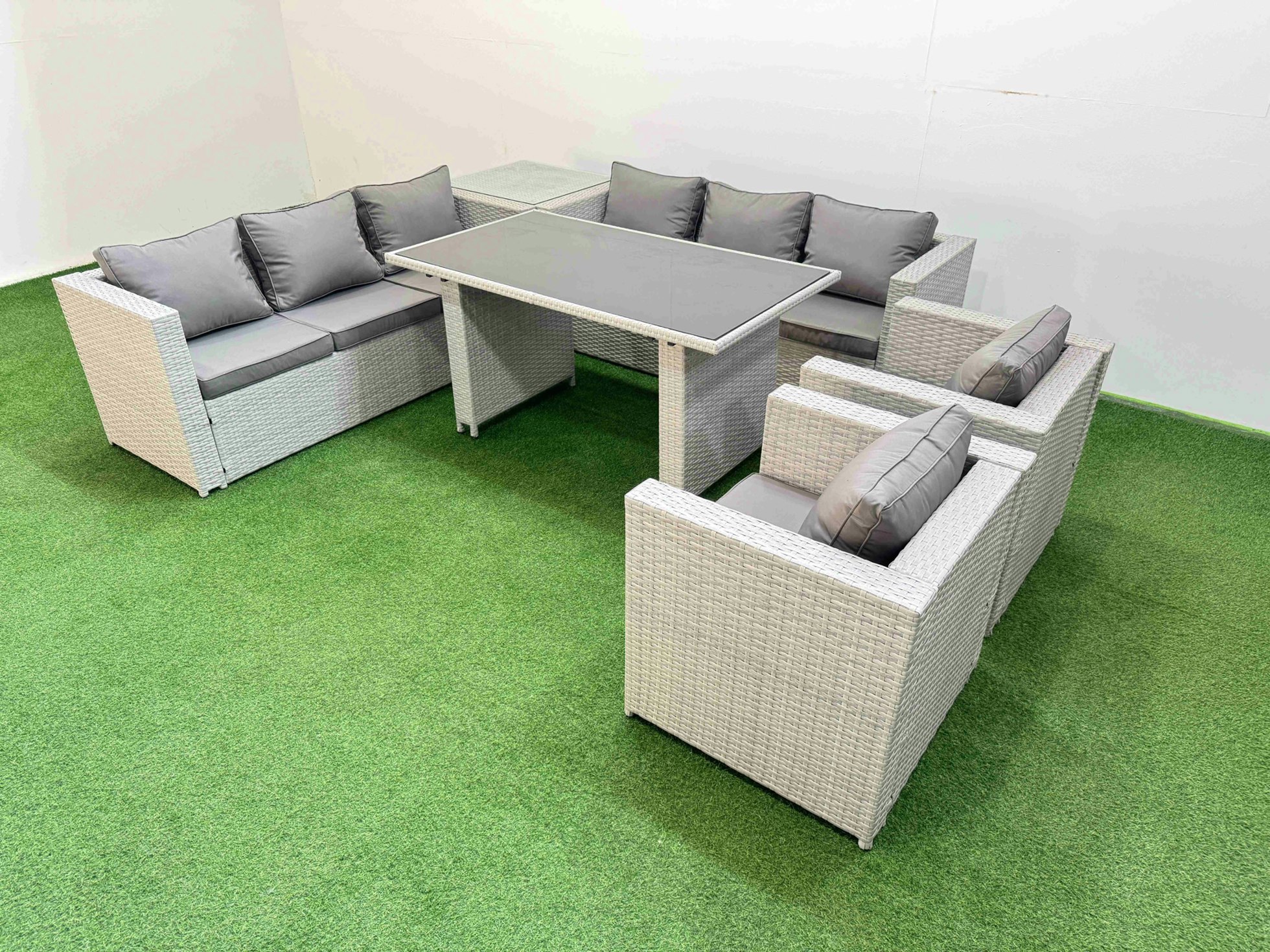 Rackhams Light/Grey 8 Seater Wicker Pe Rattan Furniture Outdoor Dining Table 3 Seater Sofa Armchair Set With Side Table