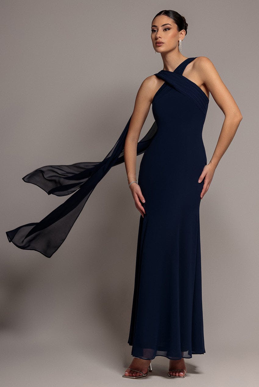 Goddiva Blue Cross Front Scarf Back Chiffon Mermaid Maxi Dress - Navy By - Navy - 12