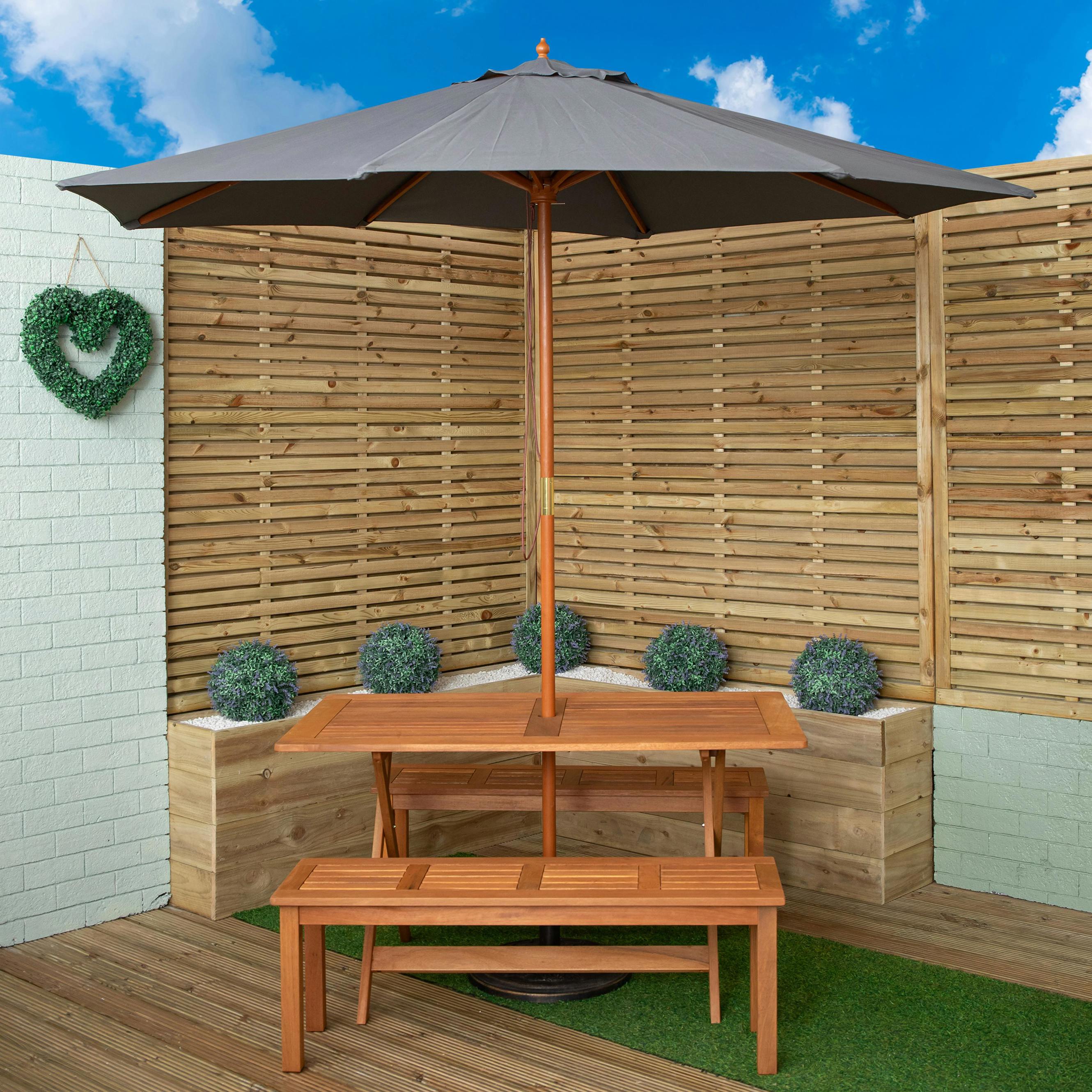 Rackhams Grey Outdoor 4 Person Rectangular Wooden Garden Dining Table, 2 Benches With Parasol And Base Set - Outdoor Furniture Sets