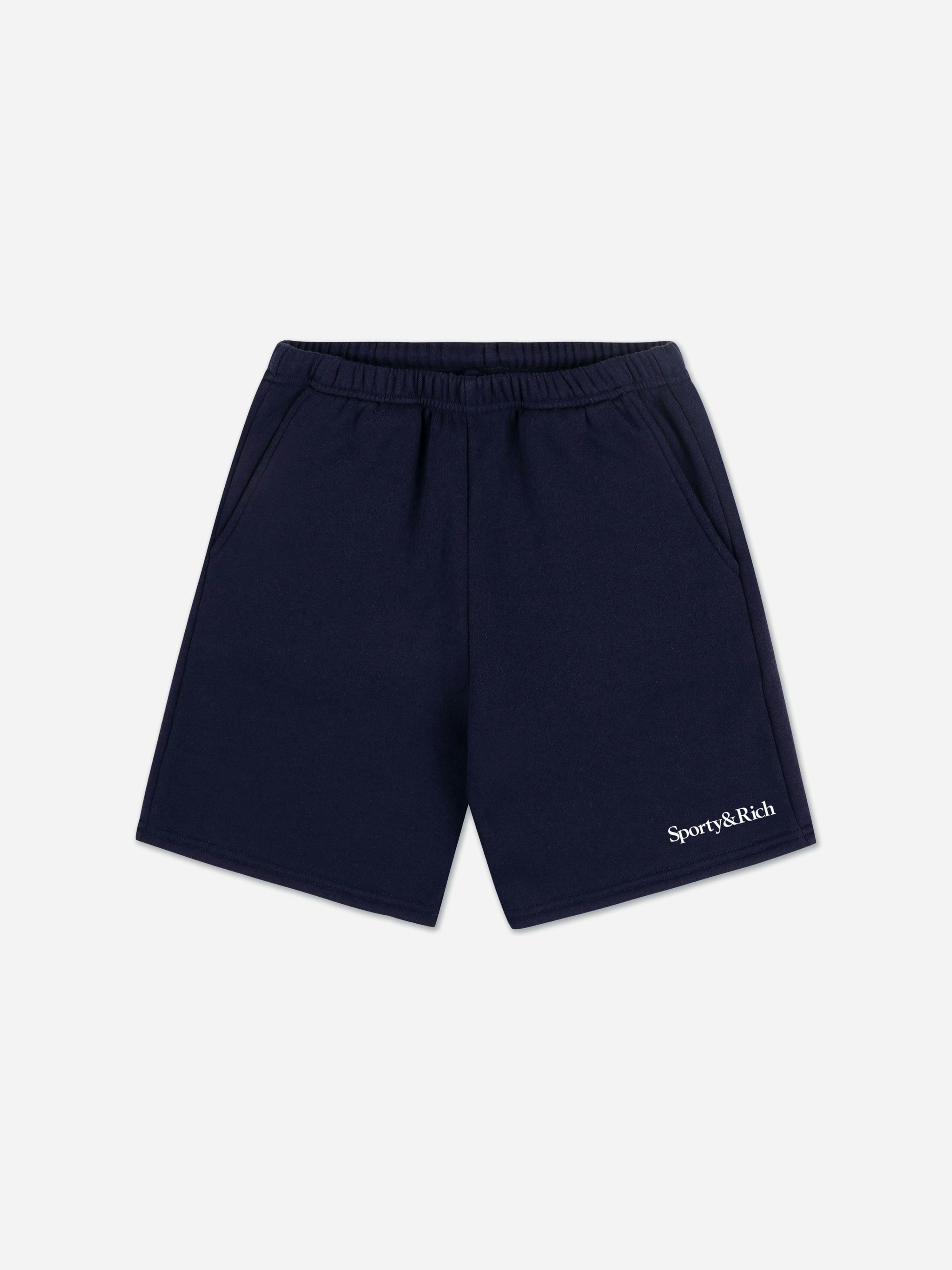 Sporty & Rich Unisex Kids Dark Kids Serif Logo Gym Shorts In Navy - Navy - 4 - 6 Yrs