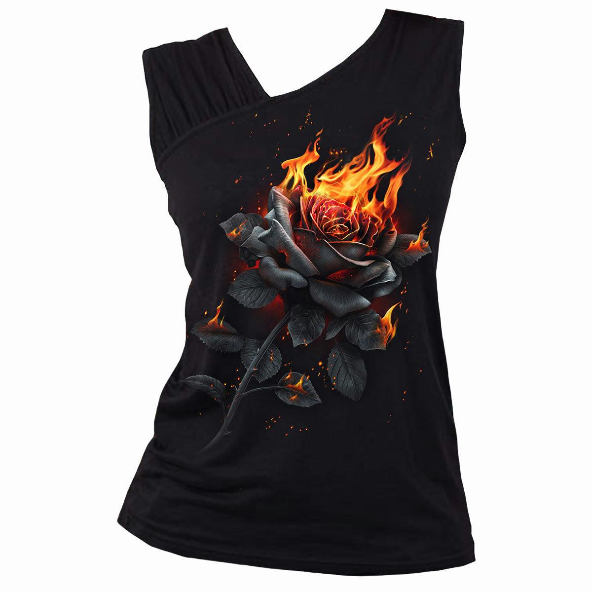 Spiral Direct Black Flaming Rose - Gathered Shoulder Slant Vest - Xxl - Digital - Digital