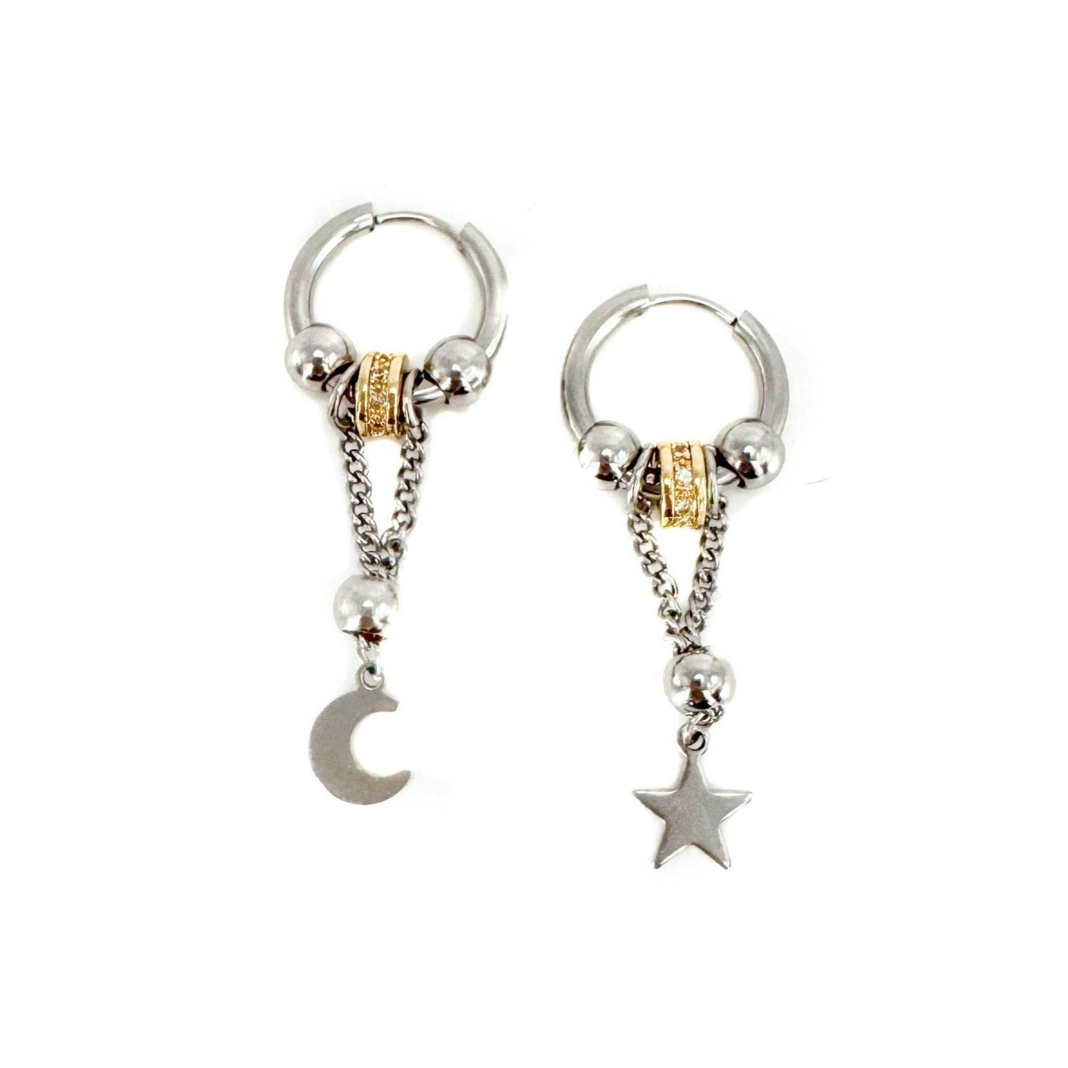 Luxe Tones Gold/Silver Hecate Crescent Moon And Star Mismatch Dangle Earrings