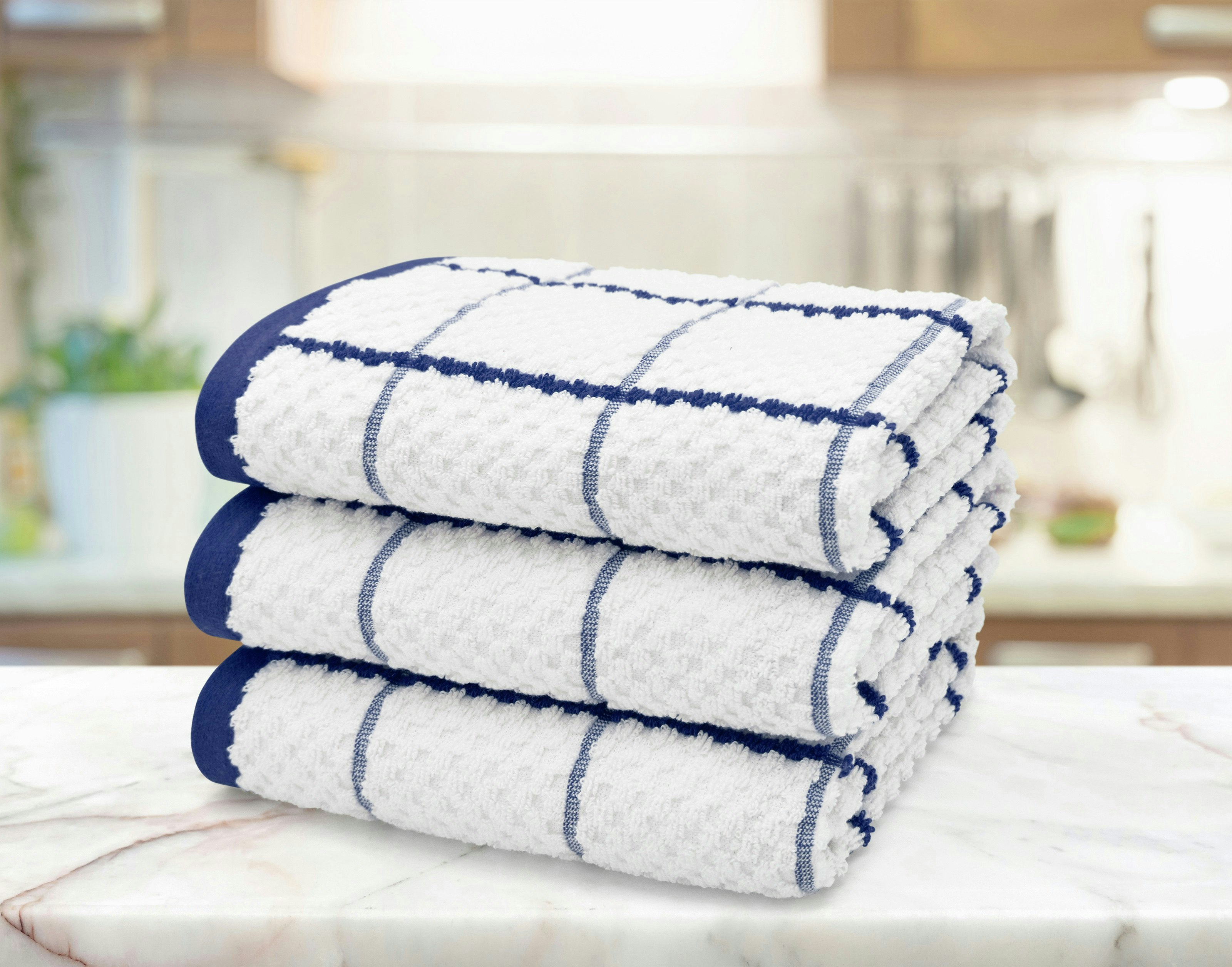 Velosso Embroiderd Woven Checked Cotton Tea Towel 3 Pack - Navy - One Size