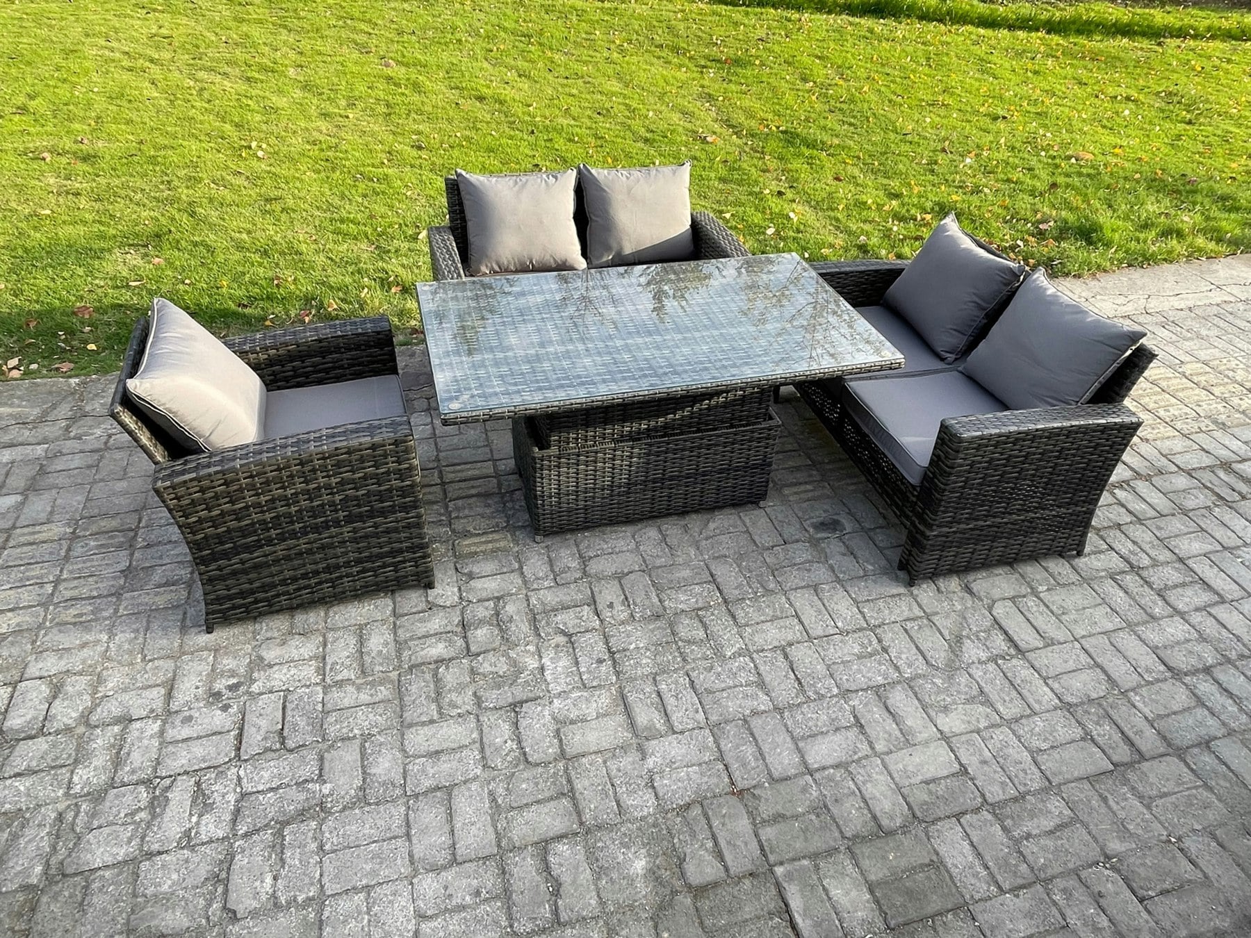Fimous Dark/Grey 4Pcs Rattan Outdoor Garden Furniture Sofa Set Height Adjustable Rising Lifting Table Mixed
