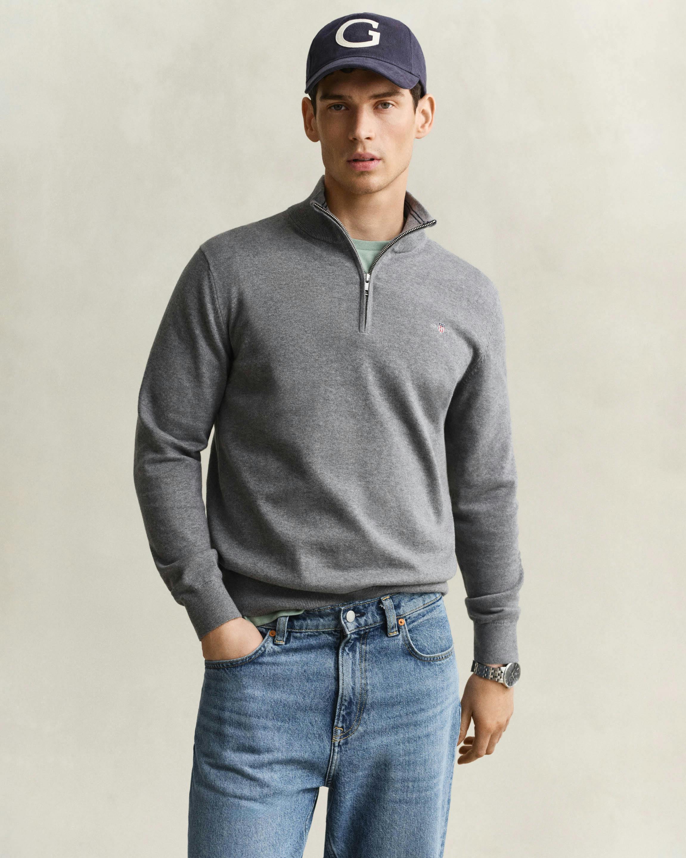 Gant Men's Dark/Grey Classic Cotton Shield Logo Half Zip Jumper - Melange 92 - Melange 92 - M