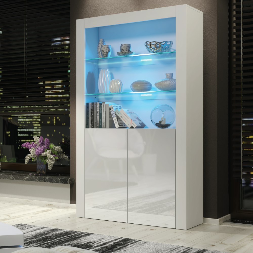 Mex Furniture White/Light Premium 170Cm Cabinet Sideboard With High Gloss Doors And Free Led Lights Display