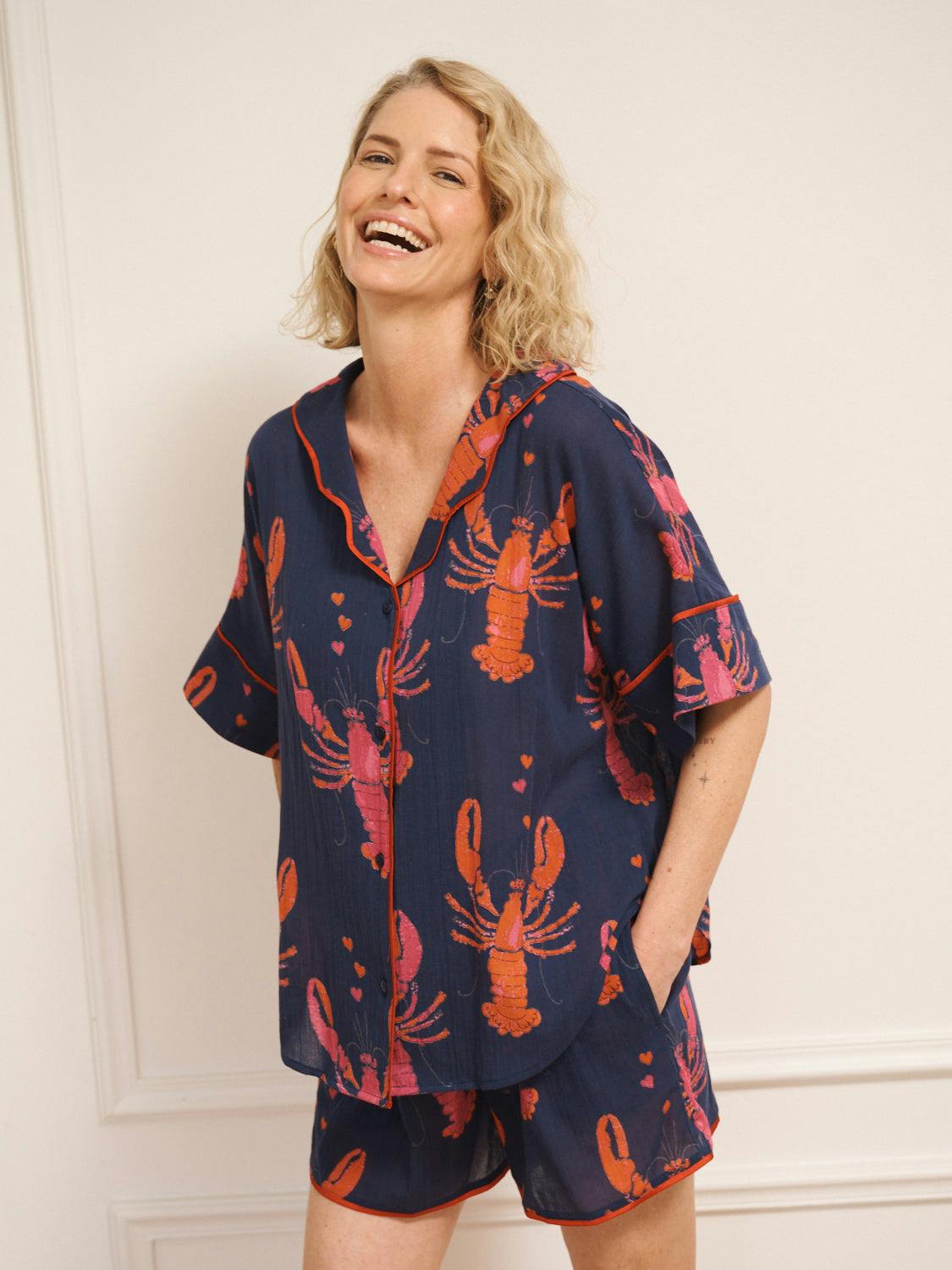 Their Nibs Women's Navy Lobster Gauze Oversize Shorts Pyjama Set - Navy - 3XL / 22-24