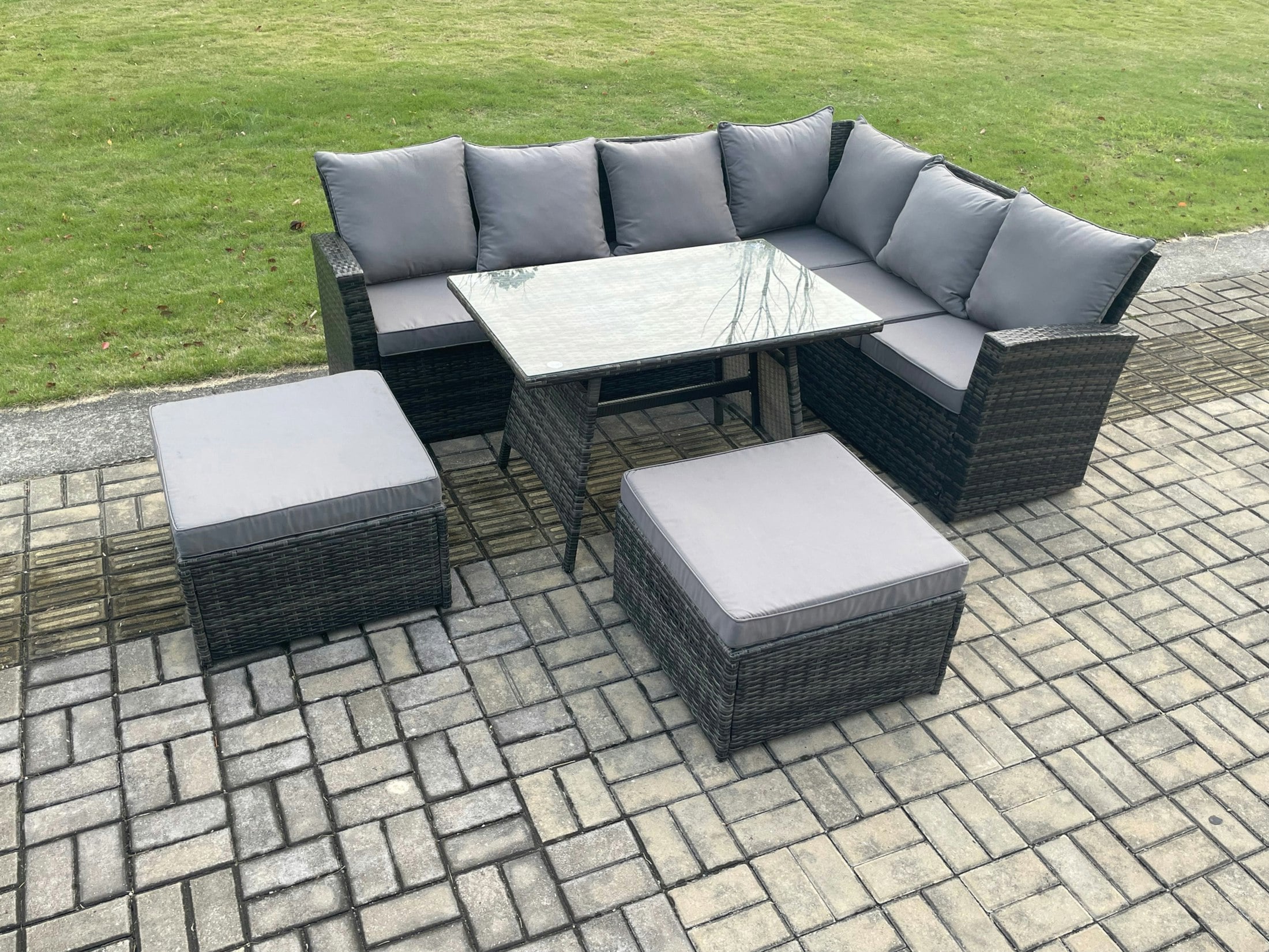 Fimous Dark/Grey Outdoor Furniture Garden Dining Set Rattan Corner Sofa Set Rectangular Dining Table With Temper Glass 2 Big Footstool Mixed