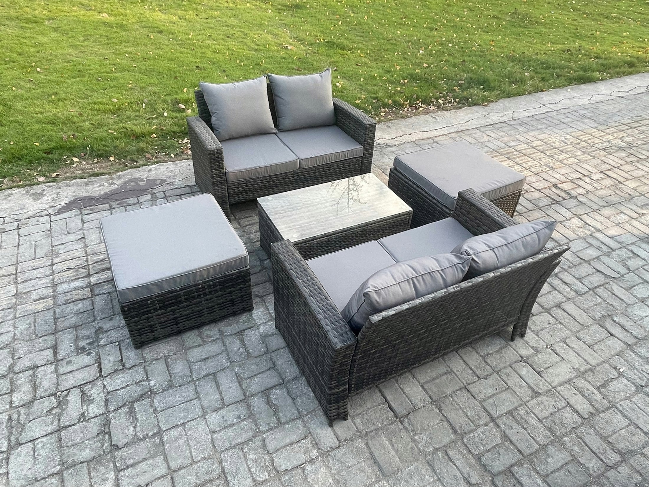 Fimous Dark/Grey 6-Seater Wicker Rattan Outdoor Sofa Set | Rectangular Coffee Table, Double Sofa, 2 Large Footstools