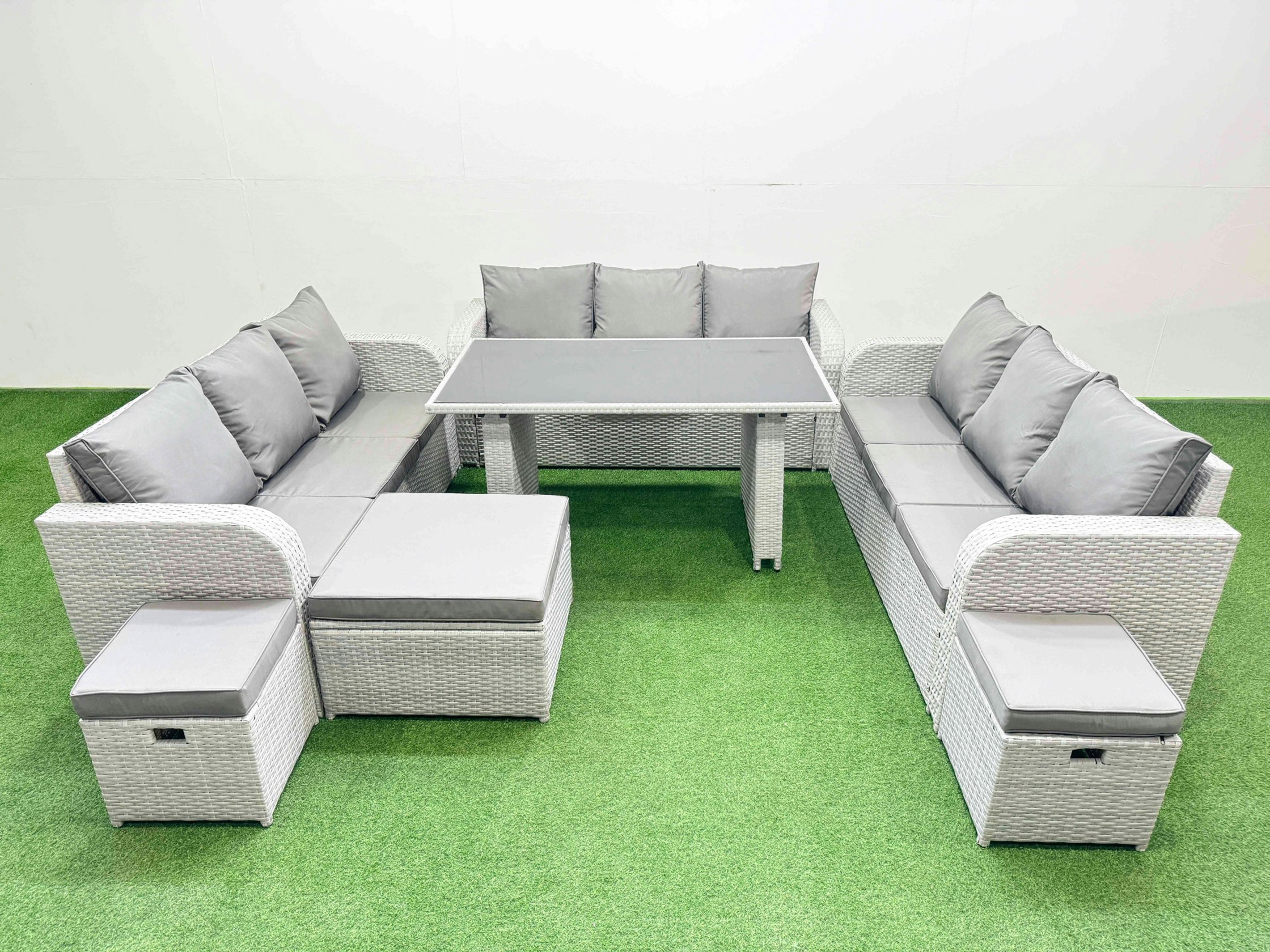 Fimous Black/Light/Grey Patio Garden Furniture Sets With Glass Top Dining Table 3 Seater Sofa 3 Stool