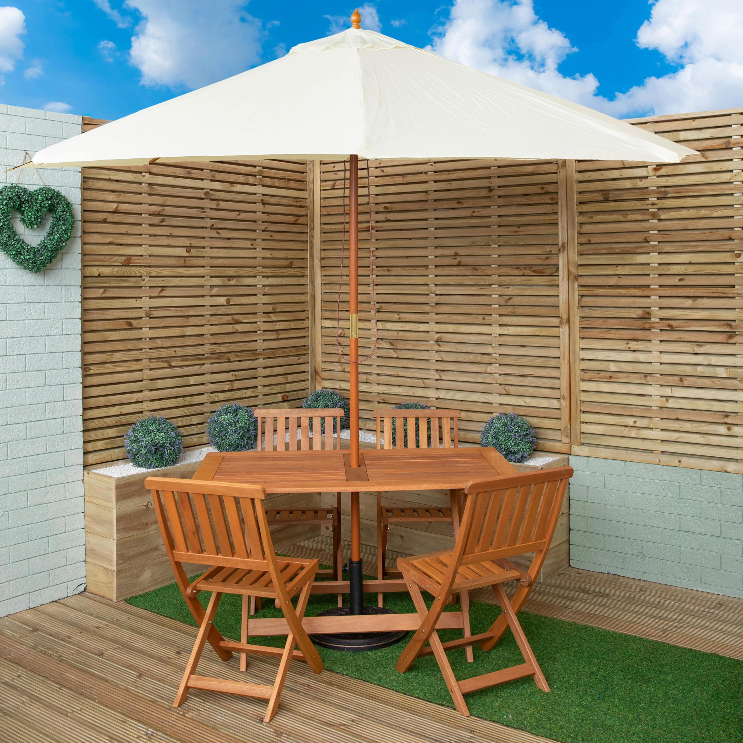 Rackhams Cream Outdoor 4 Person Folding Rectangular Wooden Garden Dining Table Chairs Parasol And Base Set - Outdoor Furniture Sets