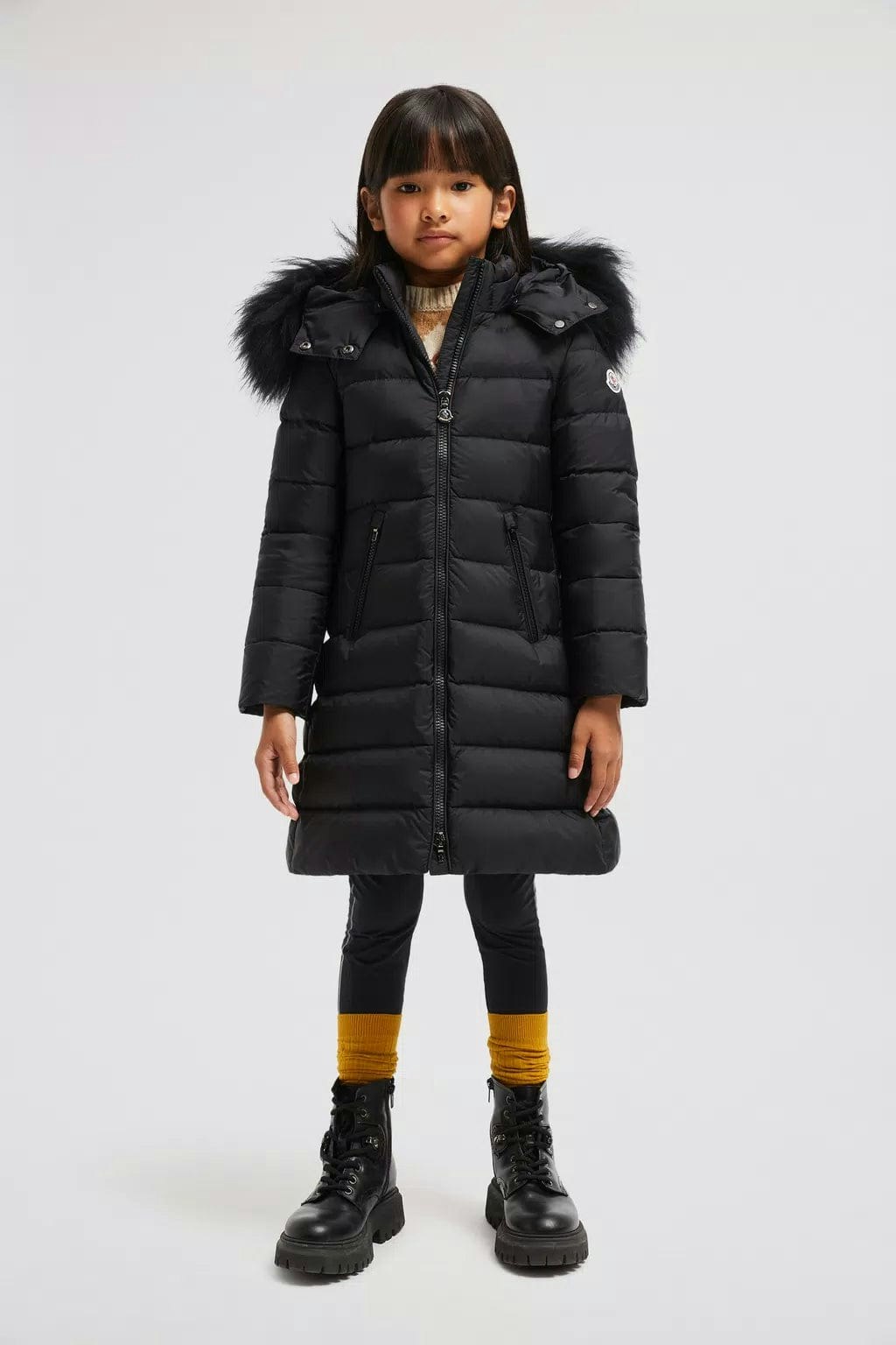 Moncler Enfant Girls Black Abelle Hooded Shearling Down Coat In - 8 Yrs