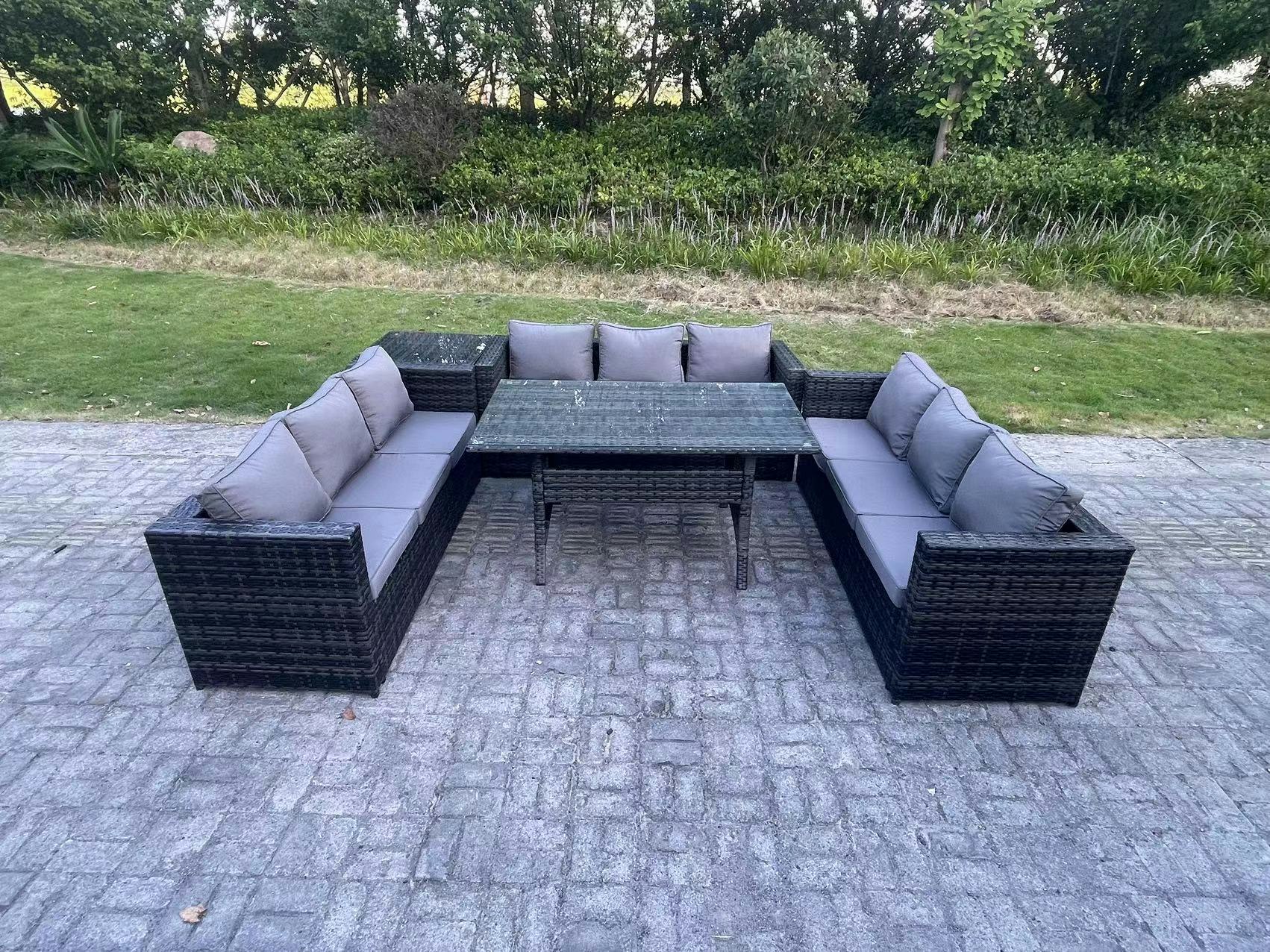 Rackhams Dark/Grey Outdoor Wicker Garden Furniture Rattan Lounge Sofa Set Patio Rectangular Dining Table With Side Table 9 Seater Mixed