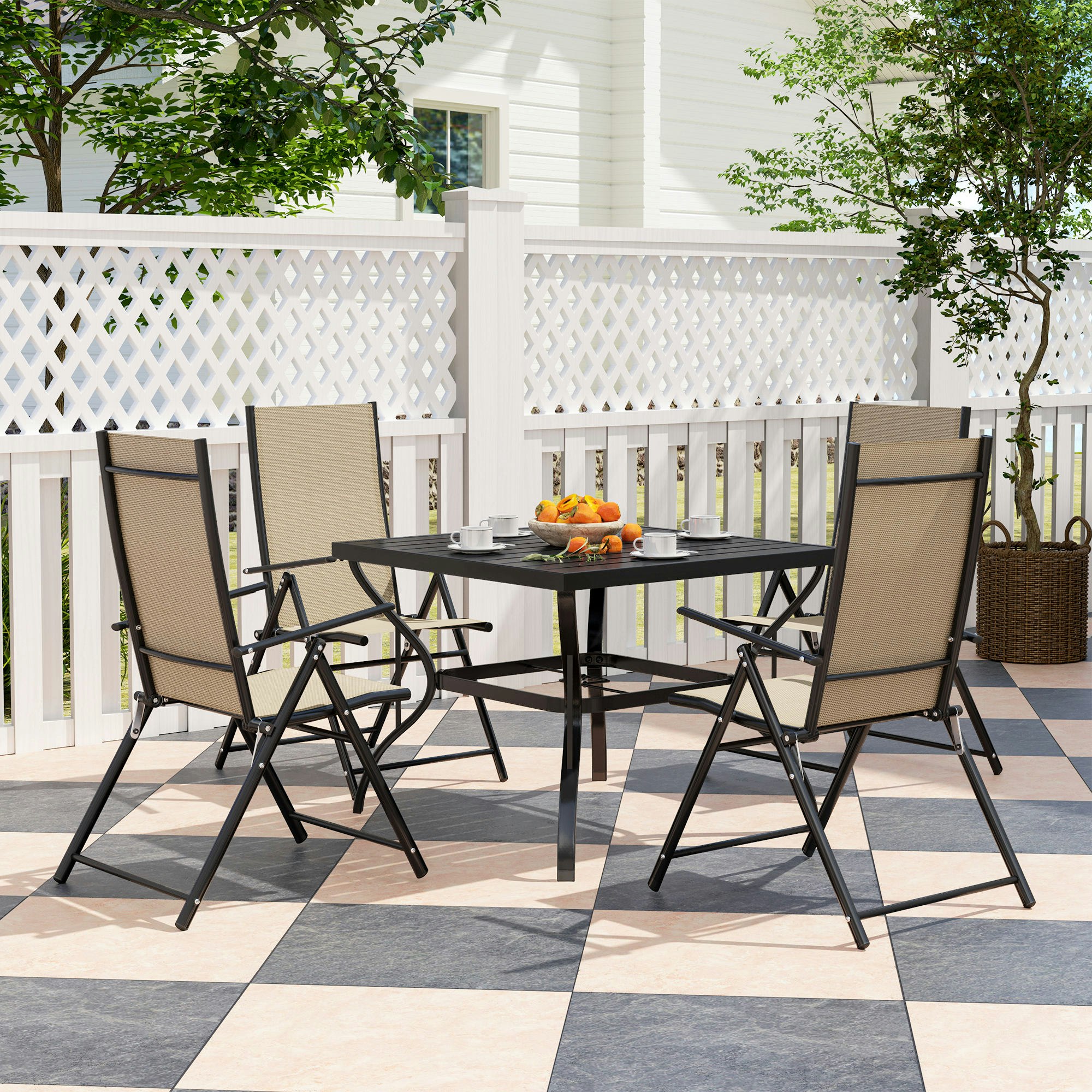 Outsunny Grey 5 Pcs Garden Dining Set, Folding Chairs And Metal Top Table, - Khaki - Galvanised Steel, Texteline - 94L X 94W X 71Hcm
