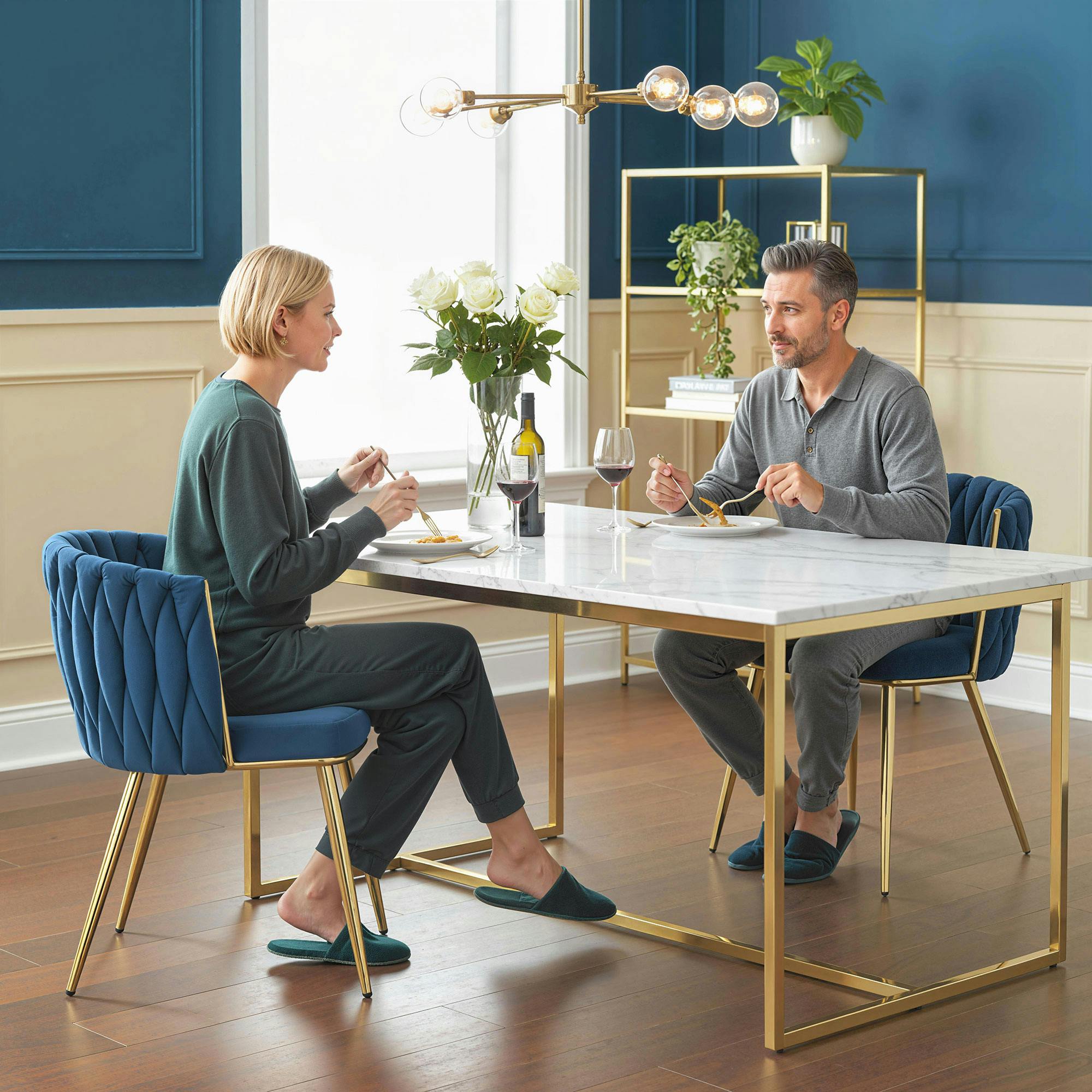 Rackhams Dark/Blue Upholstered Kitchen Chairs Set Of 2 With Woven Backrest - Velvet - Set Of 2