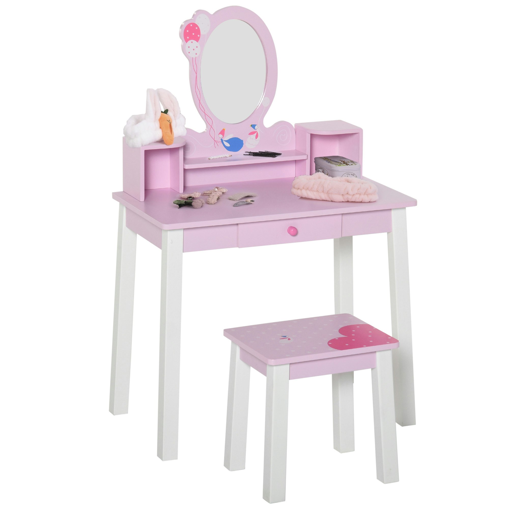 Homcom Pink Kids Dressing Table And Stool Set Make Up Desk With Storage (Pink) - 60 Cm X 34 Cm X 93 Cm