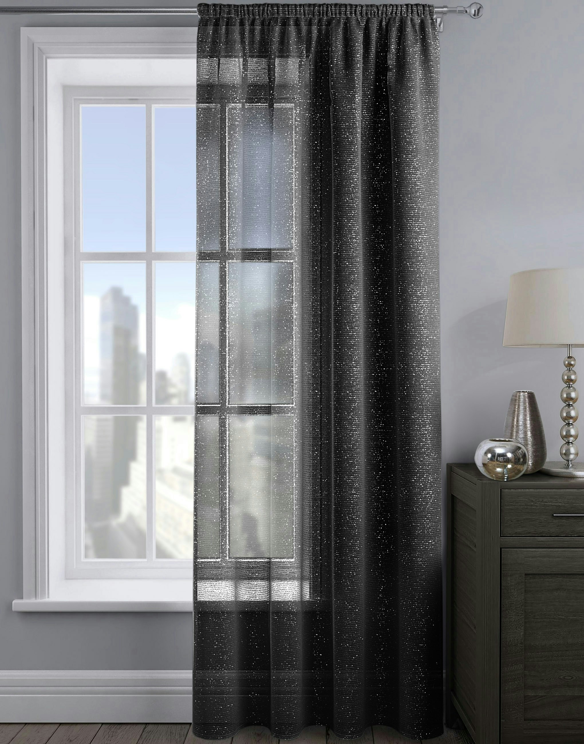 Velosso Black Alessandria Sparkle Slot Top Voile Panel - X 137Cm