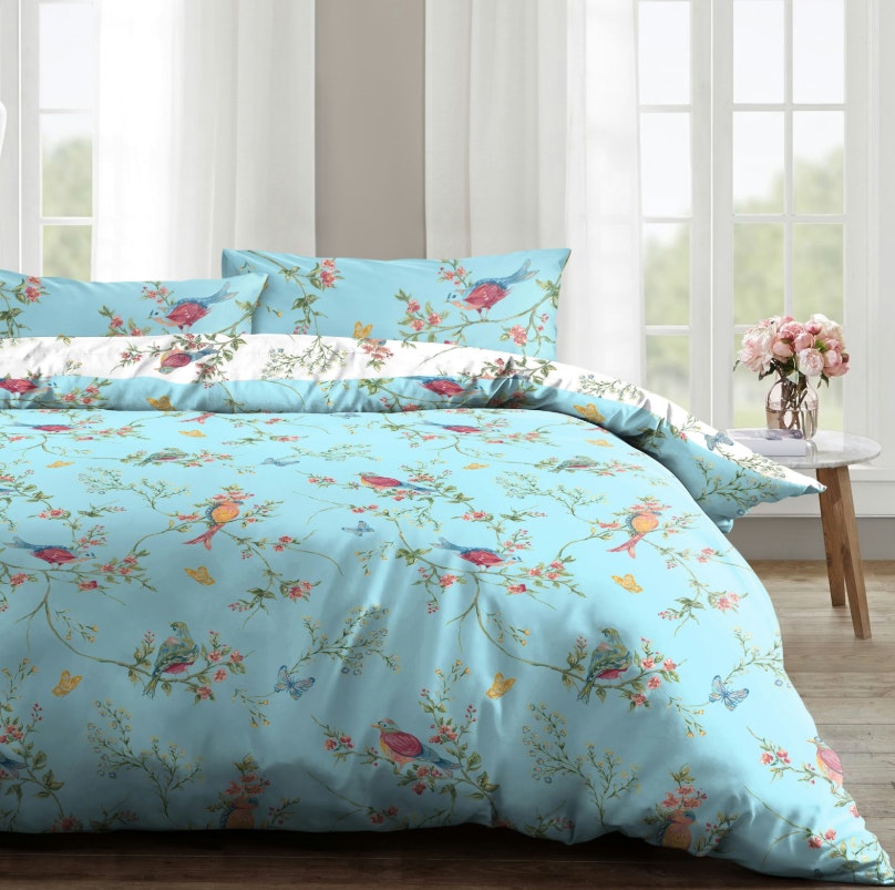 Rackhams Blue Birds Floral Printed Cotton Blend Duvet Cover And Pillowcase Set - Super King