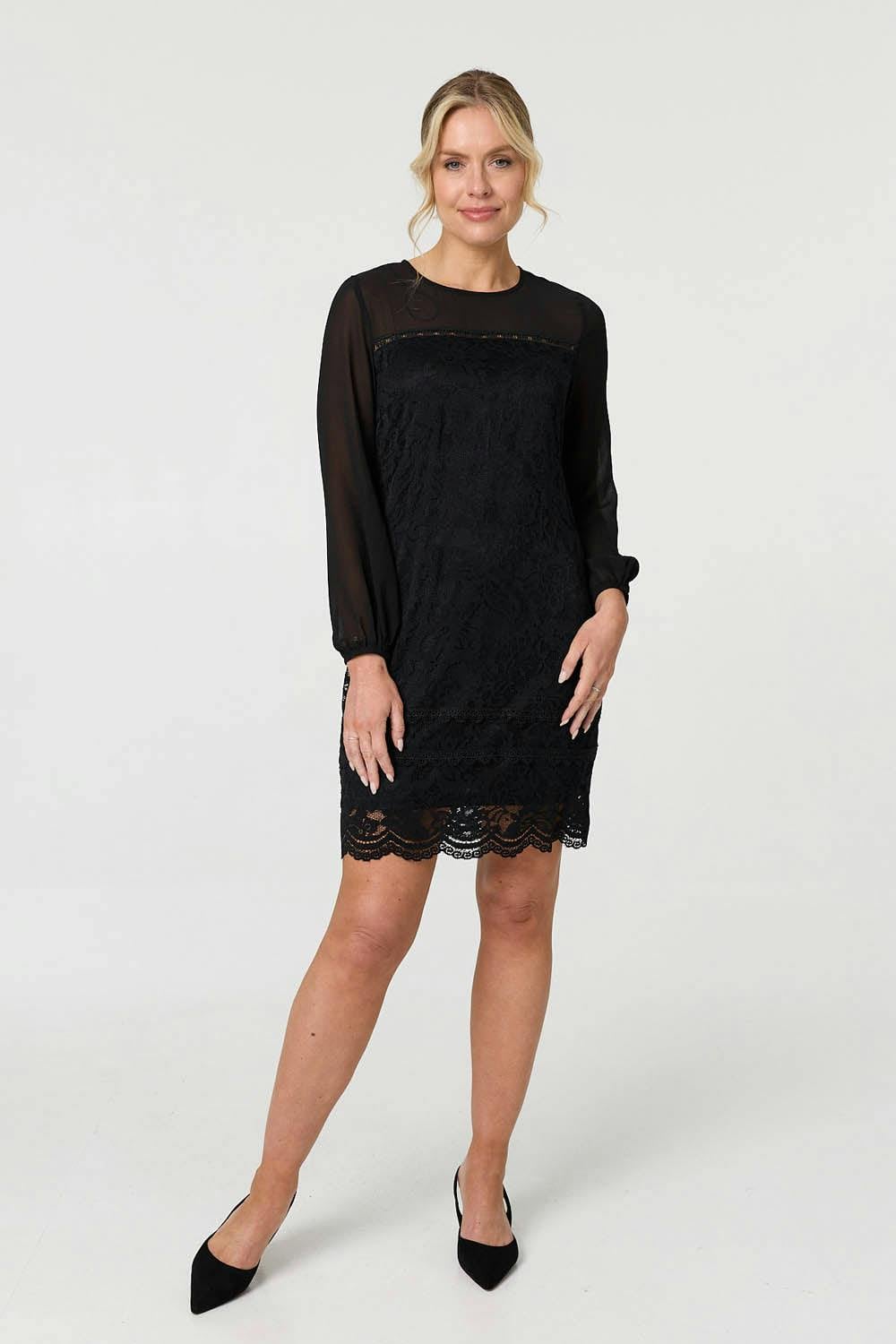 Izabel London Black Semi Sheer Lace Trim Short Dress - 14