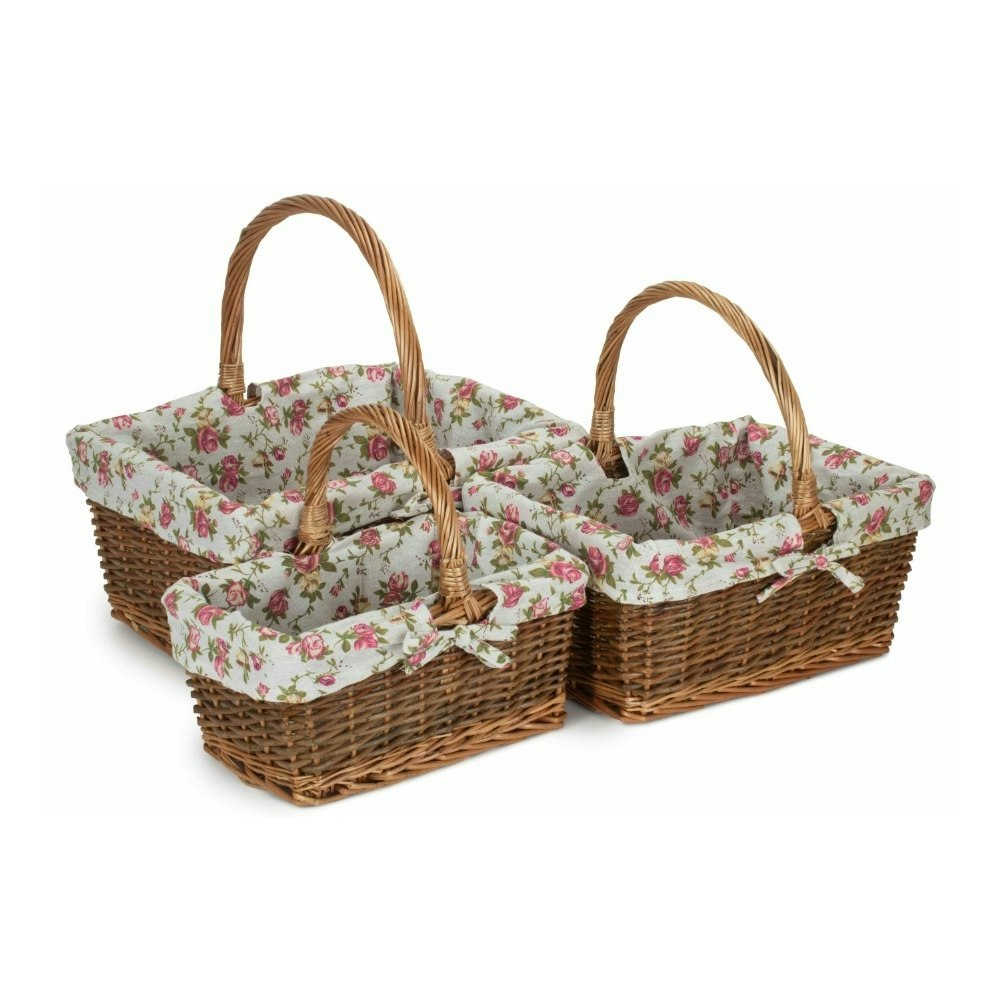 Rackhams Red Rectangular Unpeeled Willow Shopping Basket With Garden Rose Lining - Large