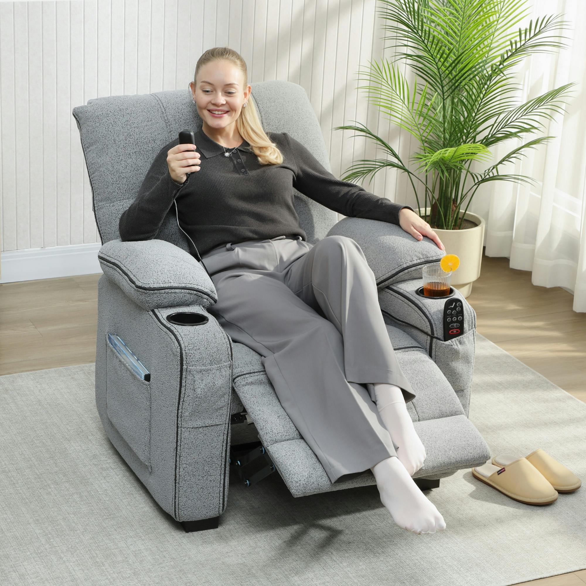 Rackhams Grey Electric Massage Recliner Armchair With Heat, Power Reclining Chair - Metal - Velvet-Feel Fabric