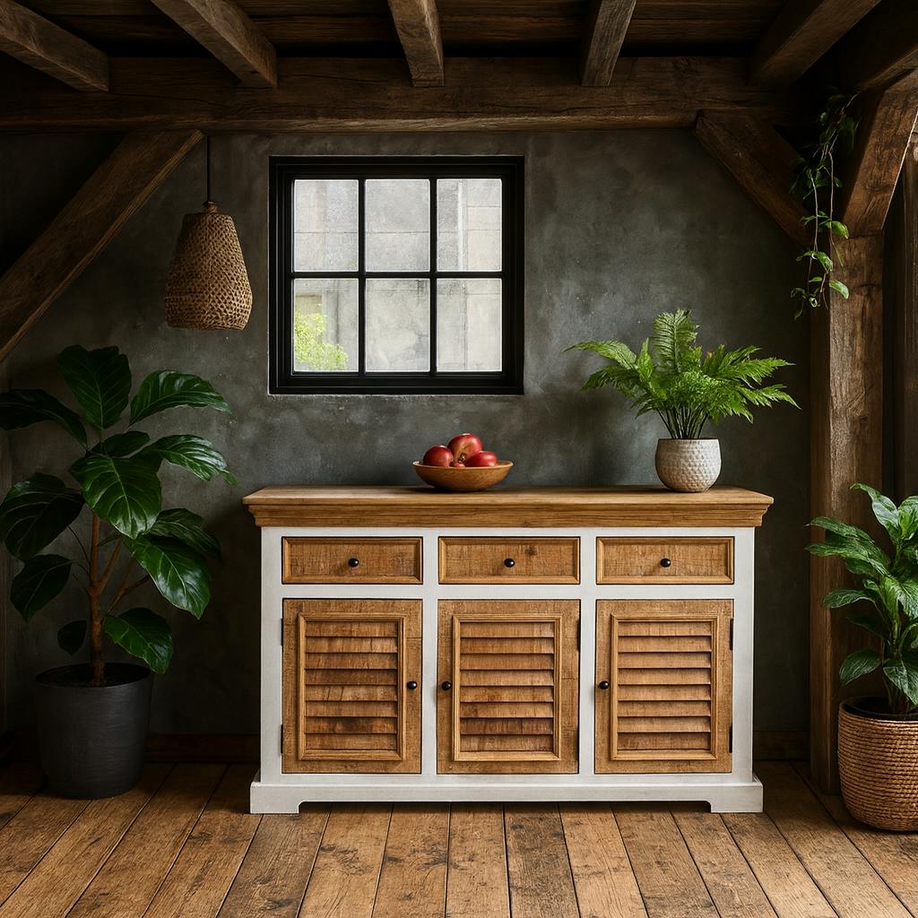 Wyld Haus White Alington And Natural Solid Wood Sideboard With 3 Drawers And 3 Doors